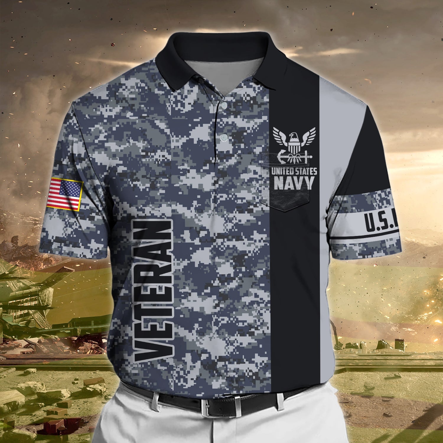 Premium Camo Soldier US Veteran Polo Shirt With Pocket