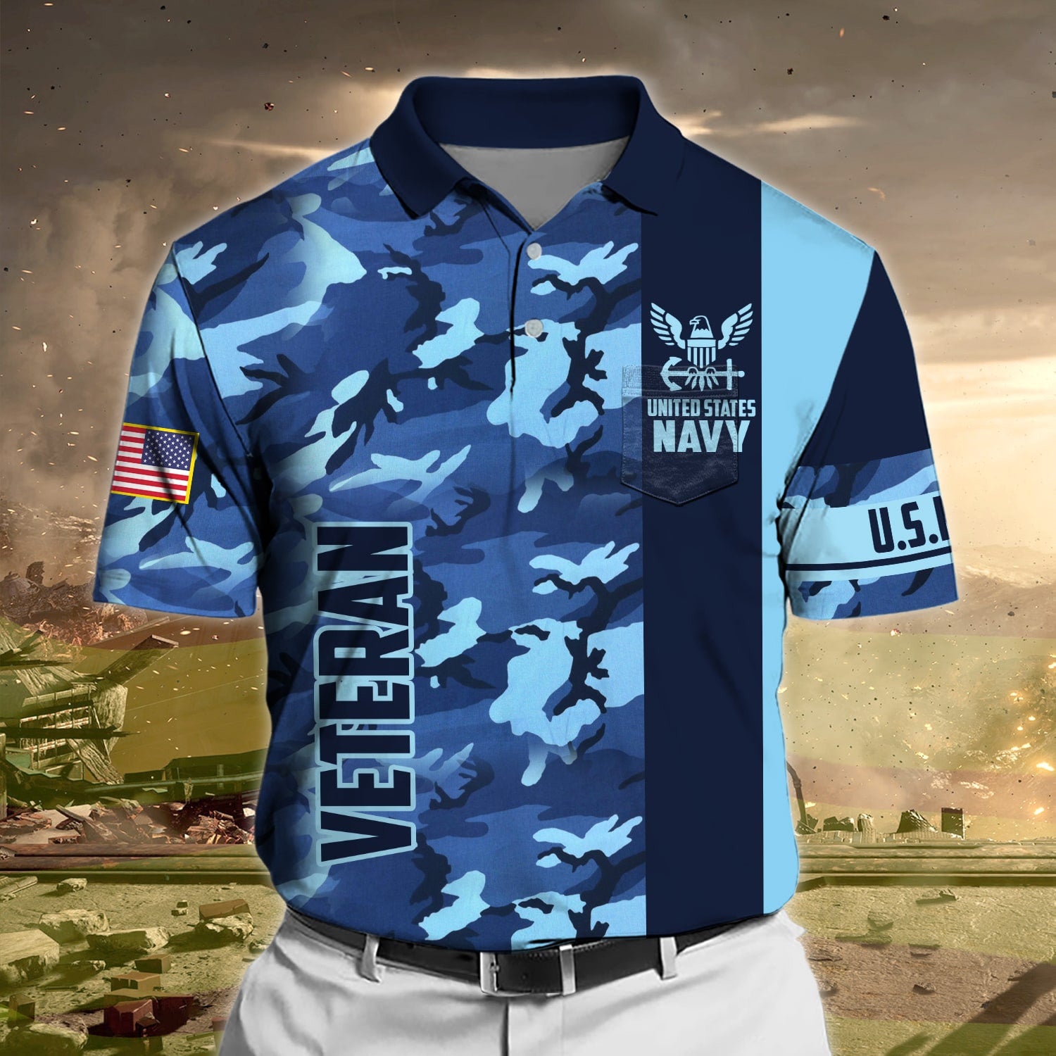 Premium Camo Soldier US Veteran Polo Shirt With Pocket