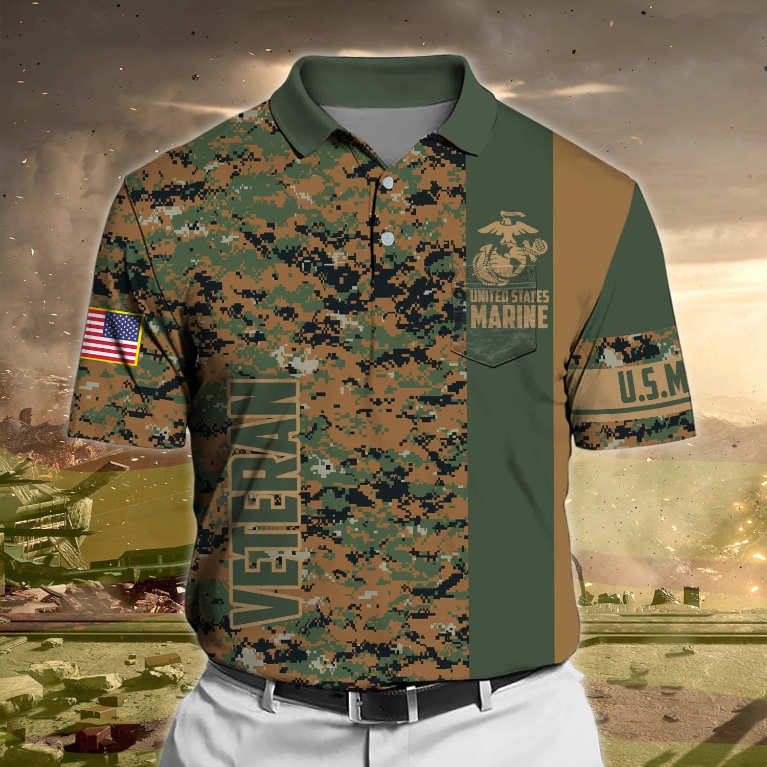 Premium Camo Soldier US Veteran Polo Shirt With Pocket