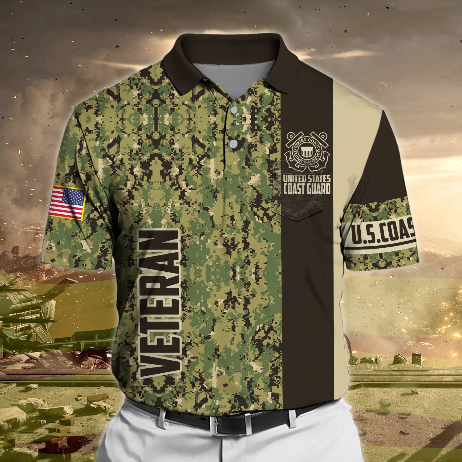 Premium Camo Soldier US Veteran Polo Shirt With Pocket