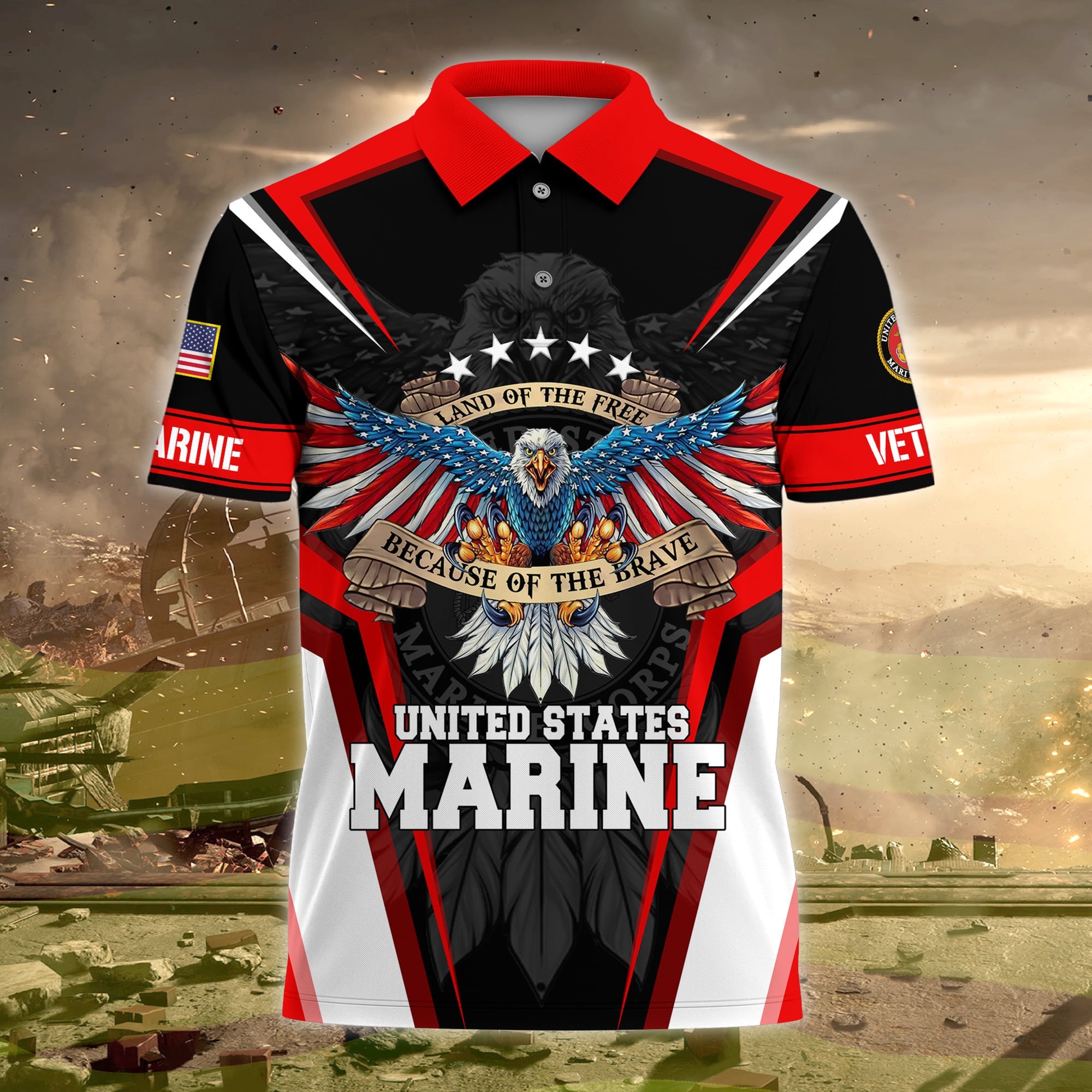 Premium Land Of The Free US Veteran Polo Shirt