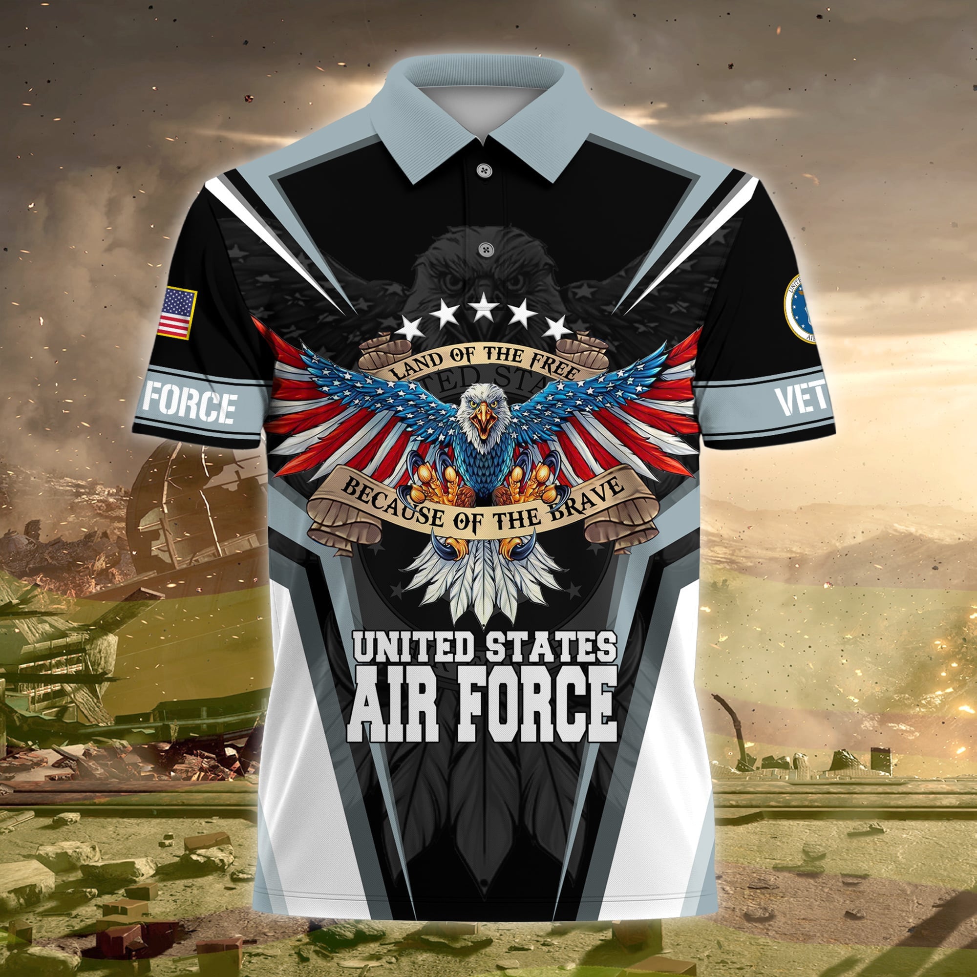Premium Land Of The Free US Veteran Polo Shirt