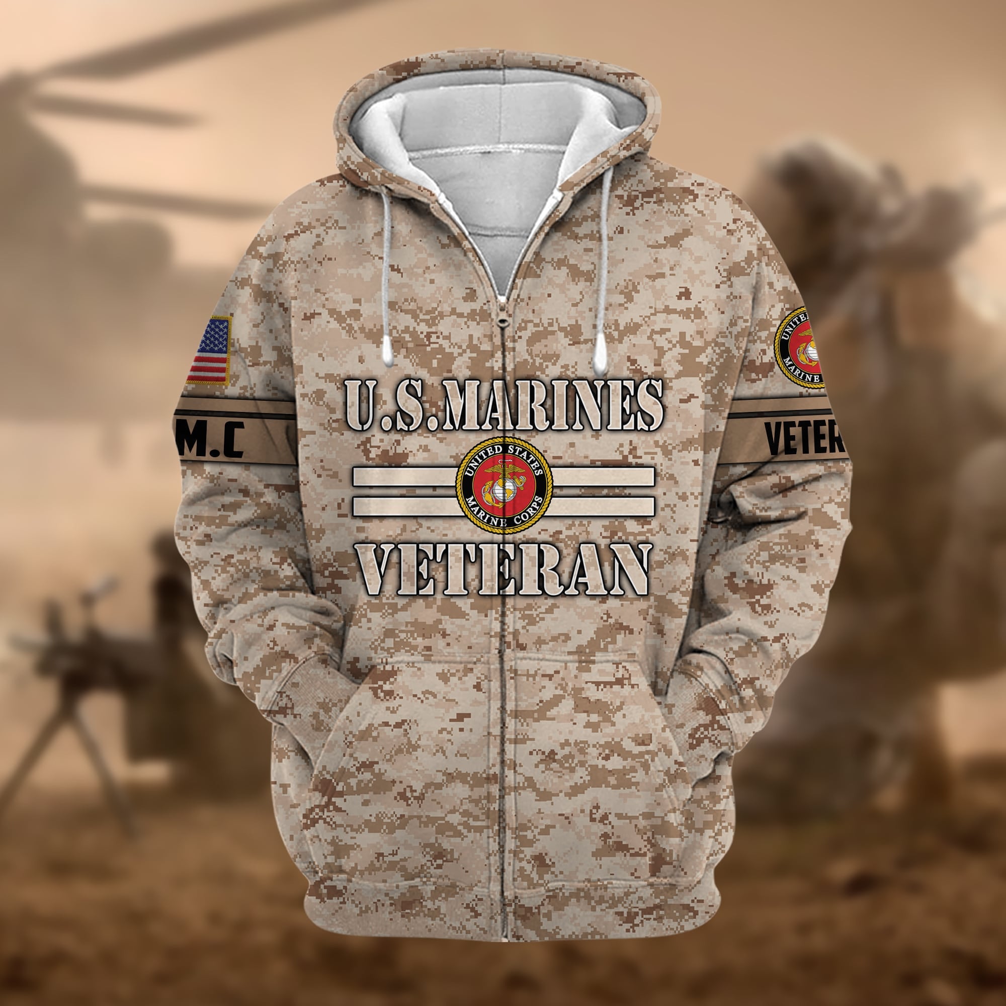 Premium Camo Soldiers US Veteran Zip Hoodie