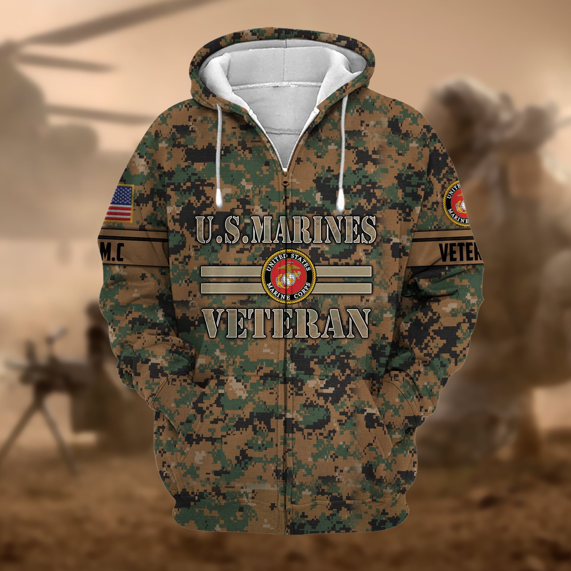 Premium Camo Soldiers US Veteran Zip Hoodie