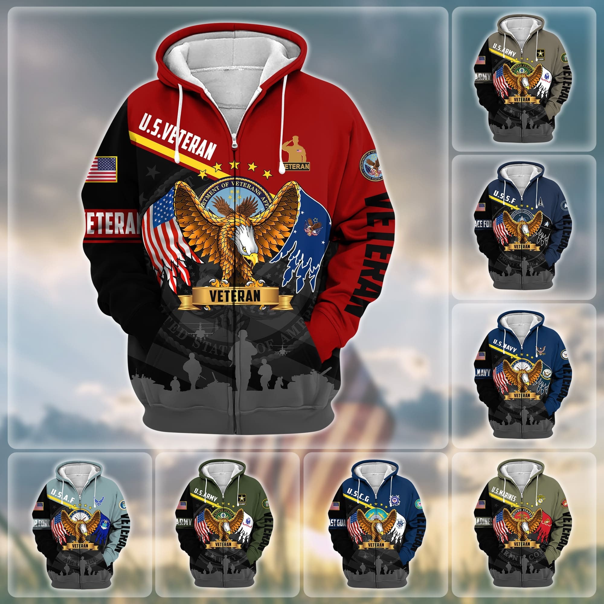 Premium Proudly Served US Veteran Zip Hoodie
