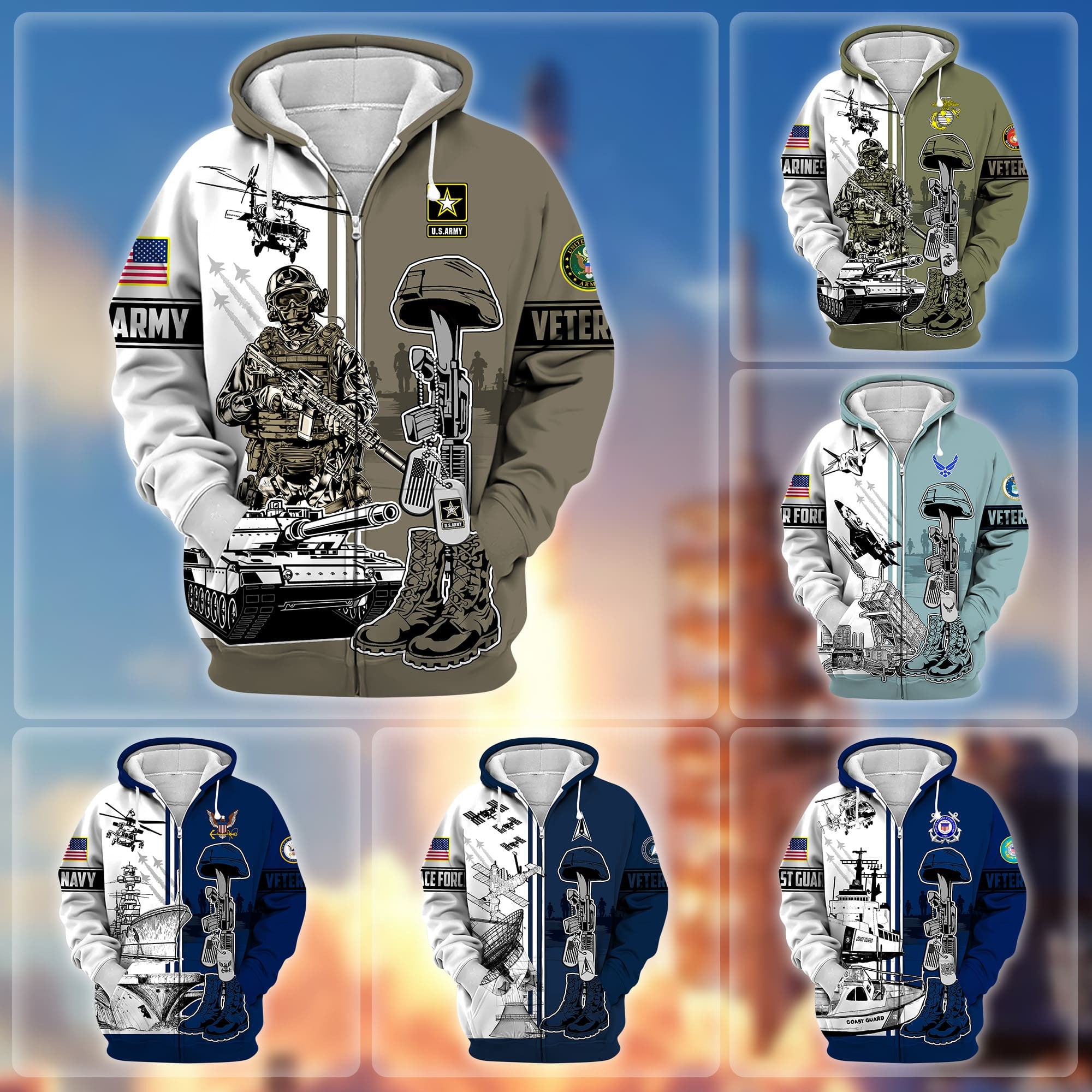 Unique Proudly Served US Veteran Zip Hoodie