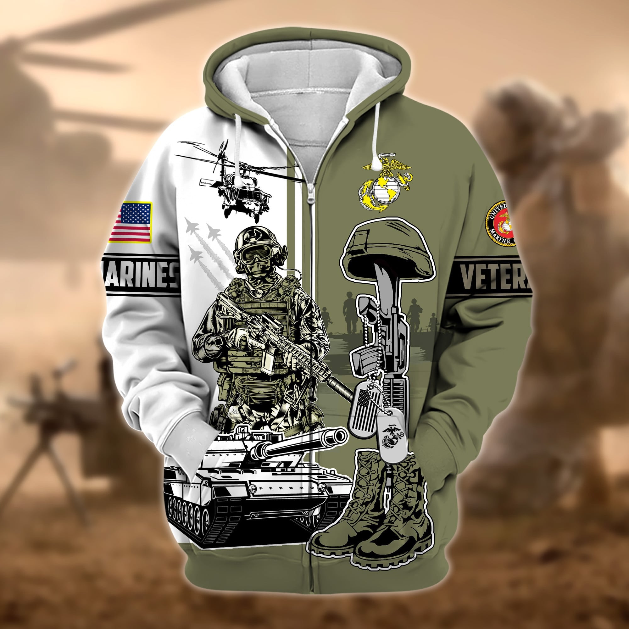 Unique Proudly Served US Veteran Zip Hoodie