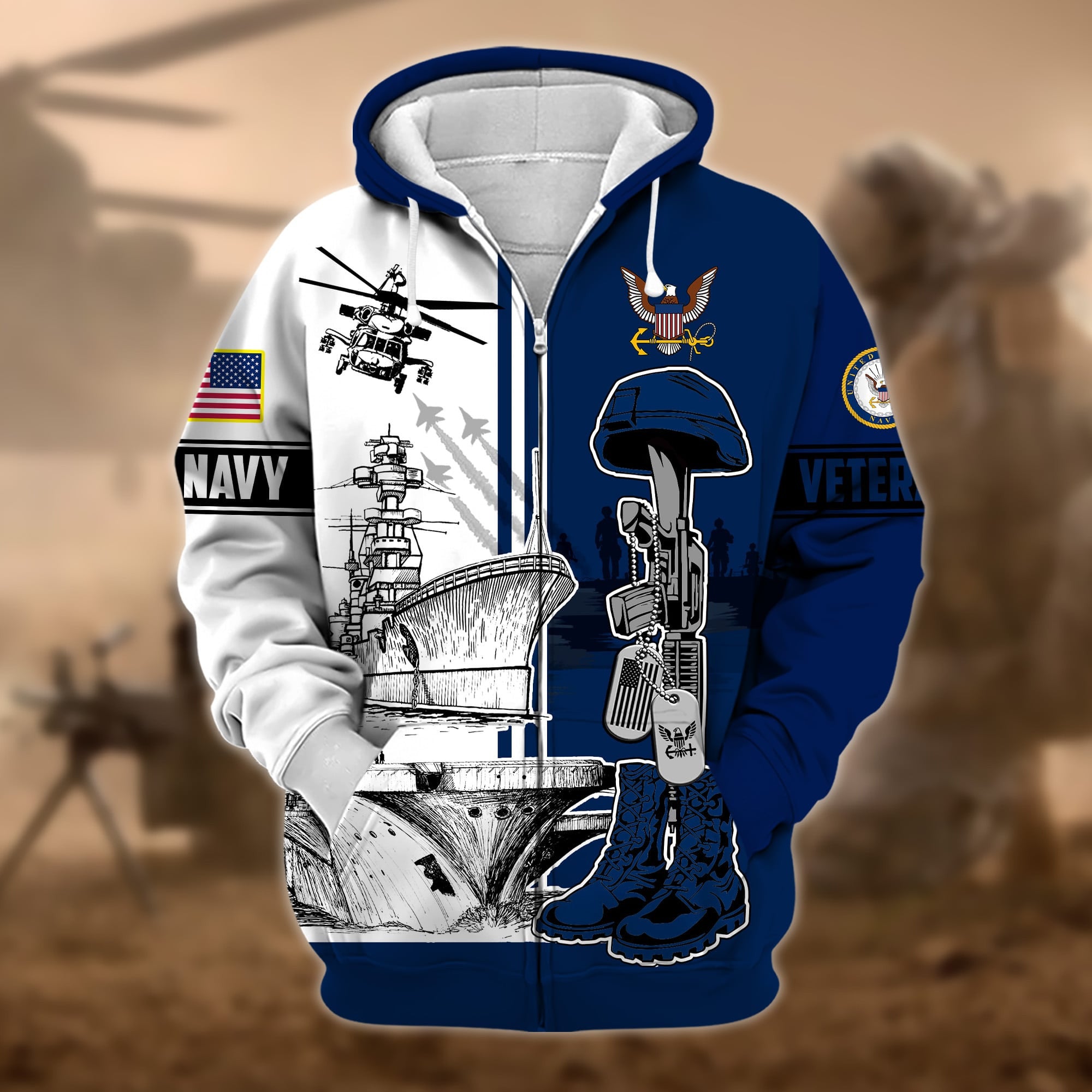 Unique Proudly Served US Veteran Zip Hoodie