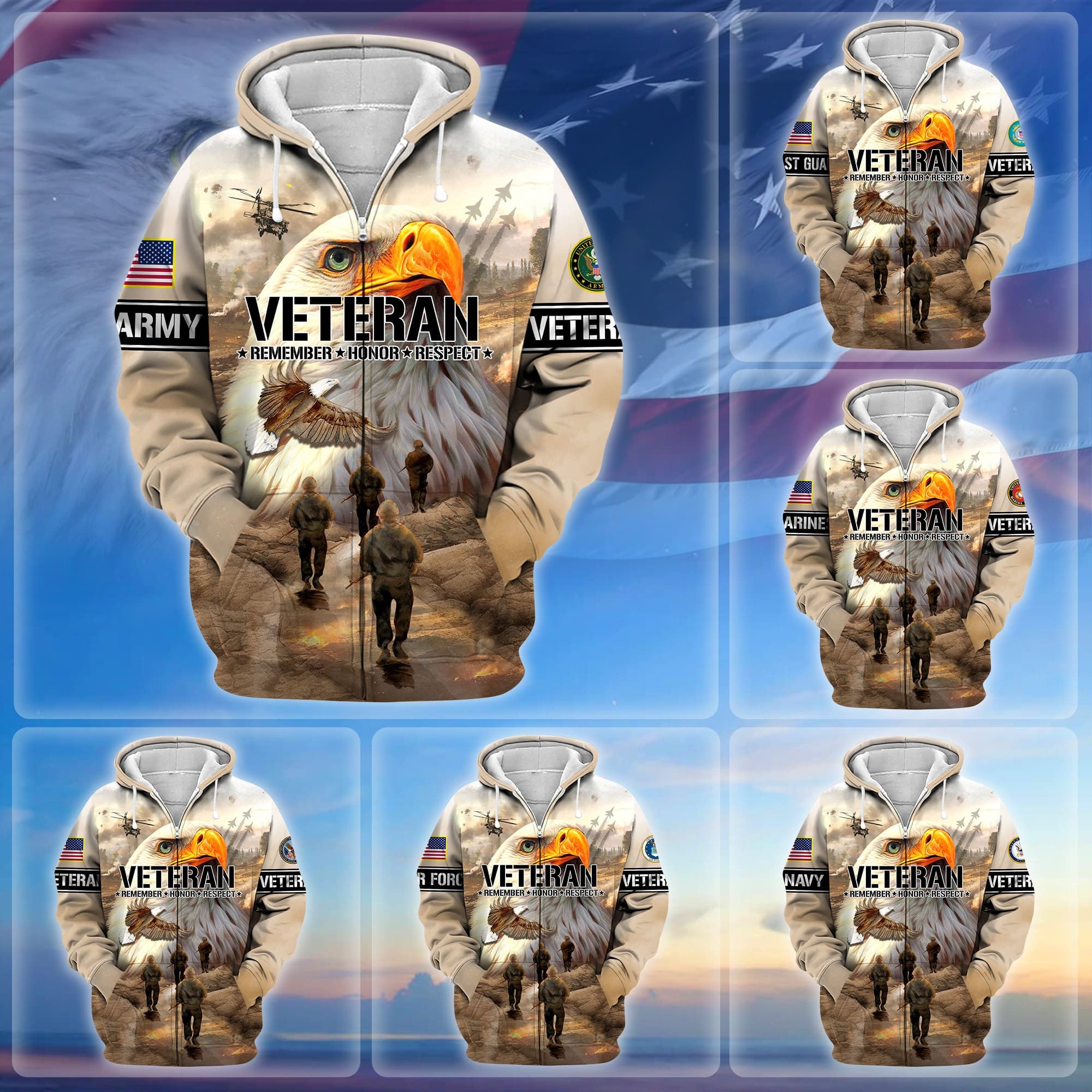 Premium US Veteran Remember - Honor - Respect Zip Hoodie