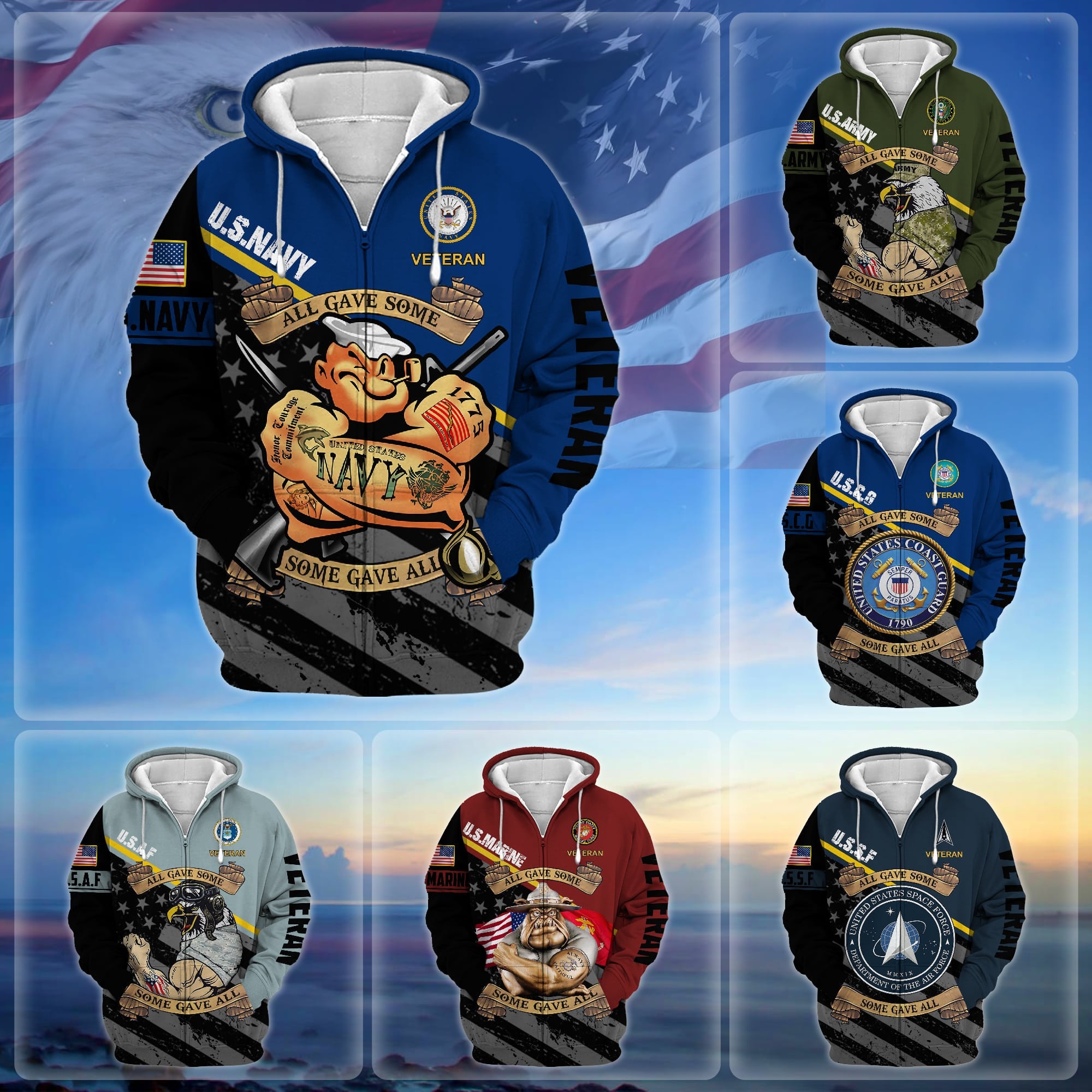 Premium US Military Services US Veteran Zip Hoodie