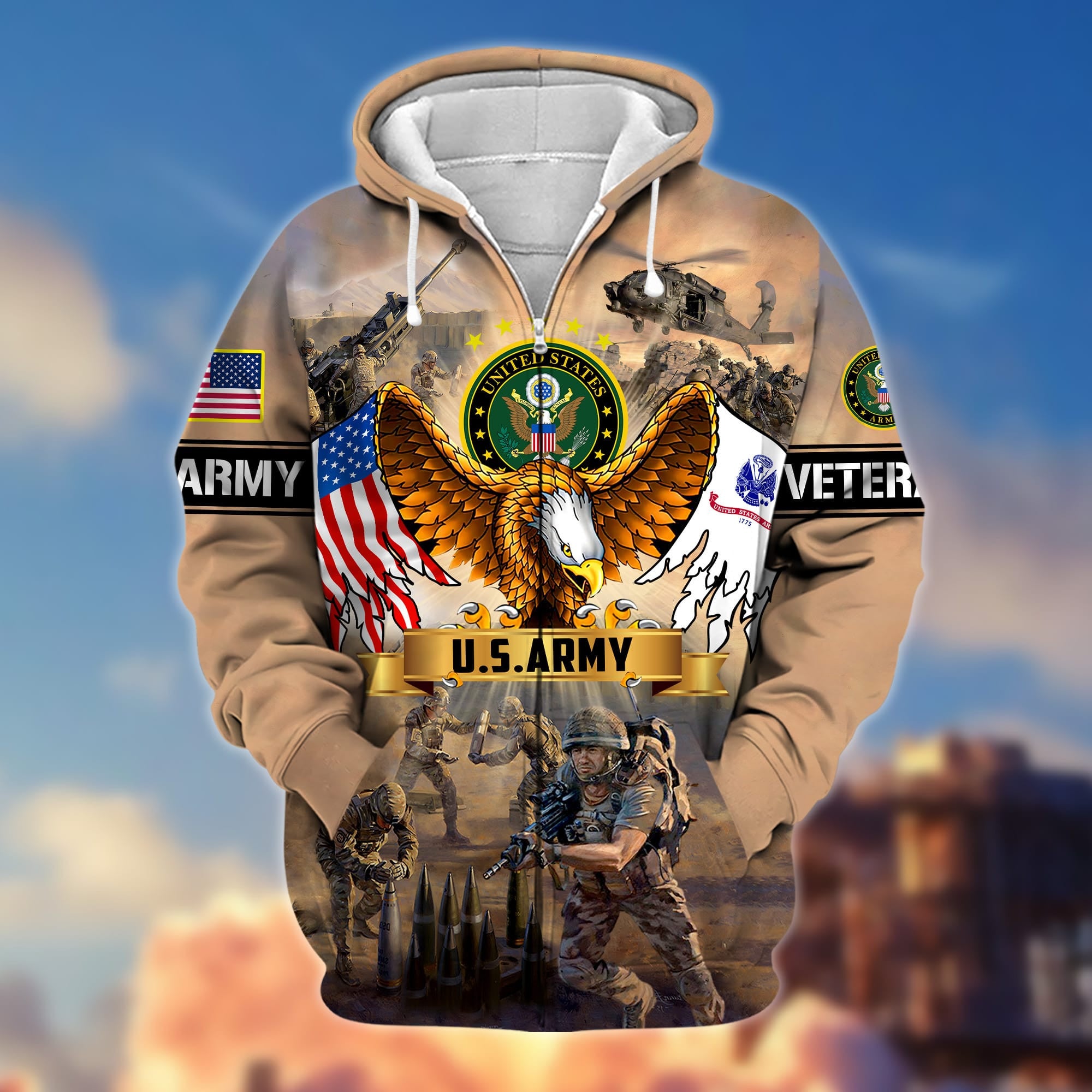 Premium Land Of The Free US Veteran Zip Hoodie