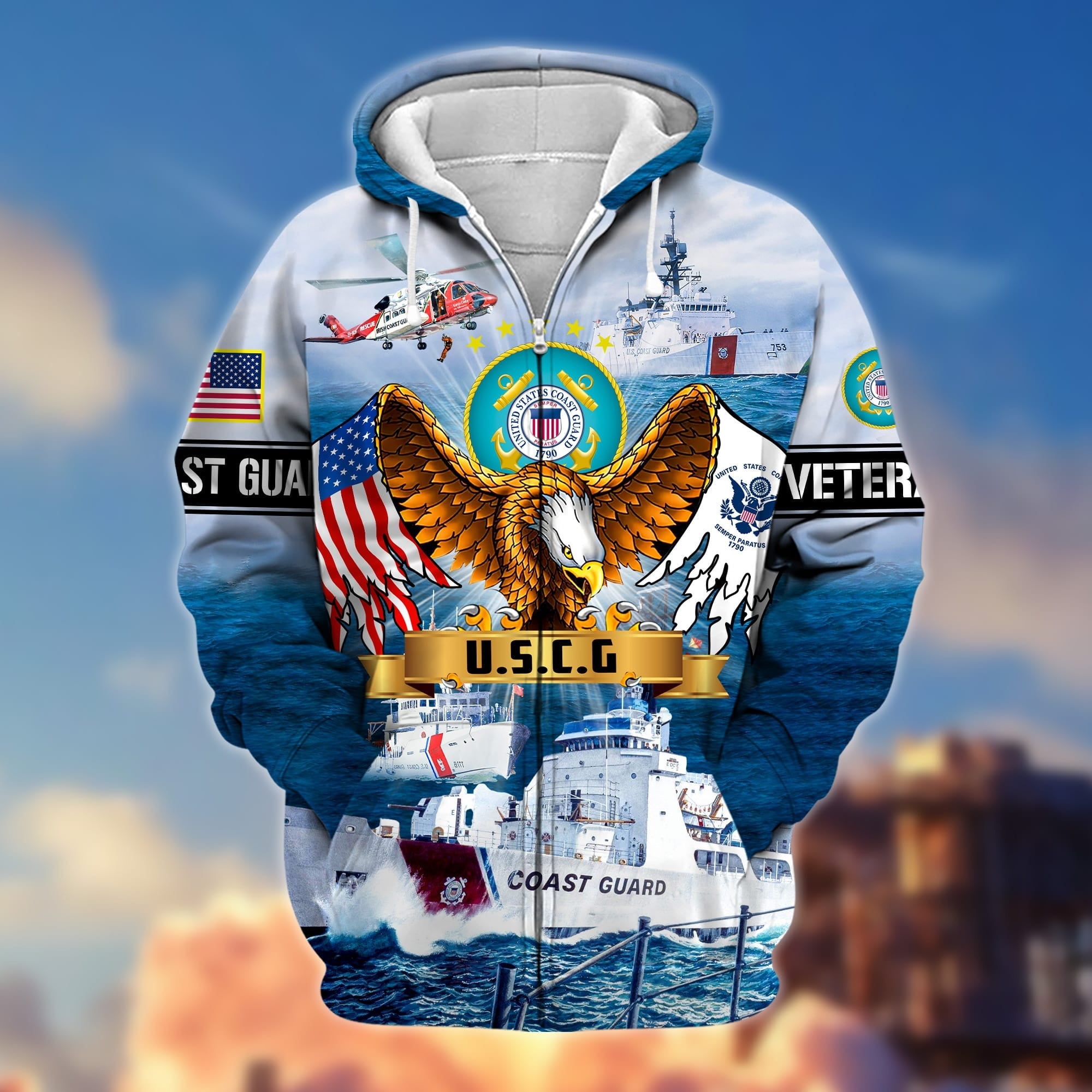Premium Land Of The Free US Veteran Zip Hoodie