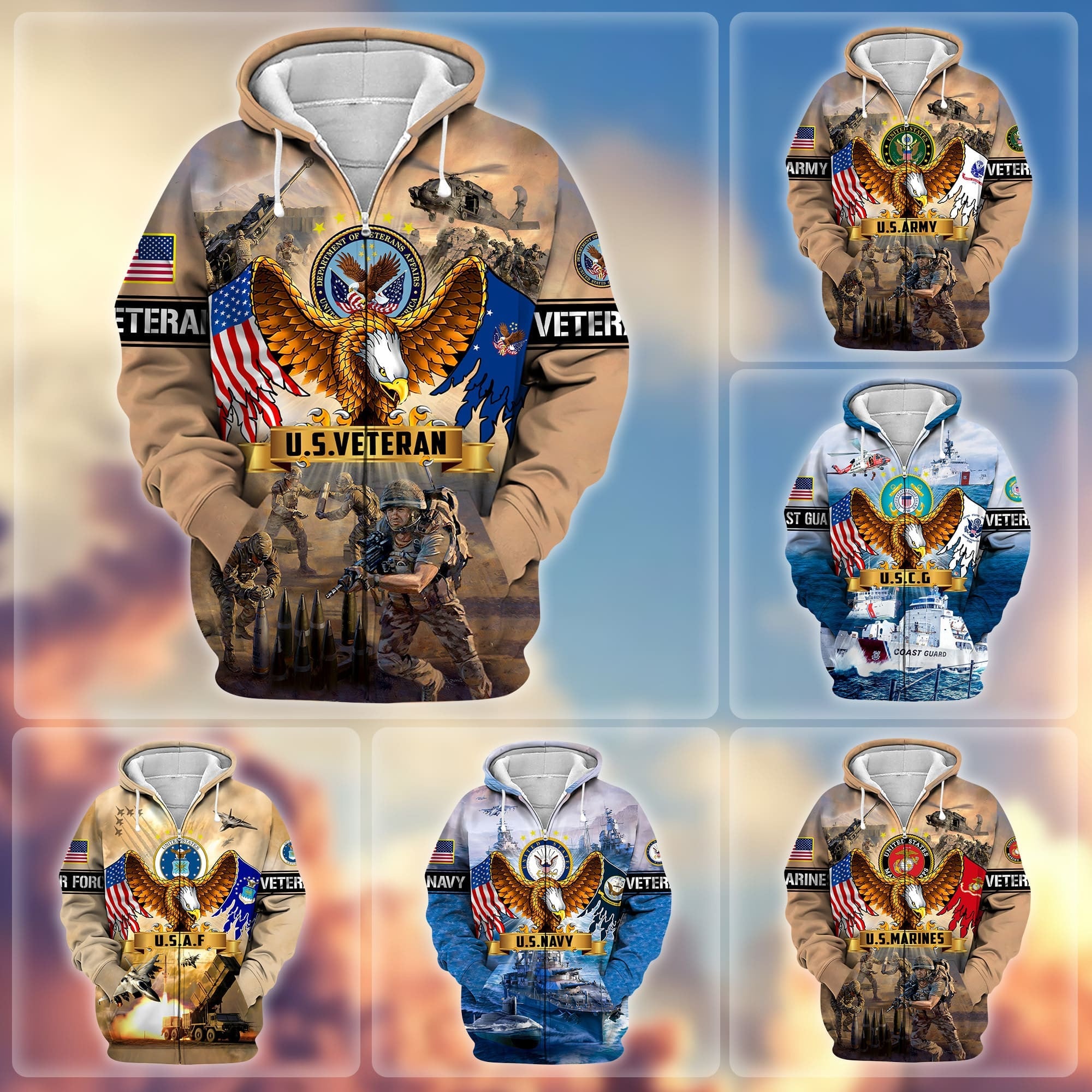 Premium Land Of The Free US Veteran Zip Hoodie