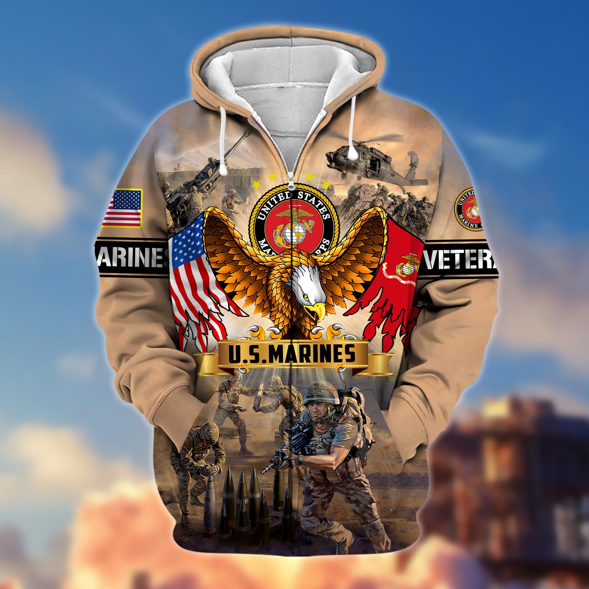 Premium Land Of The Free US Veteran Zip Hoodie