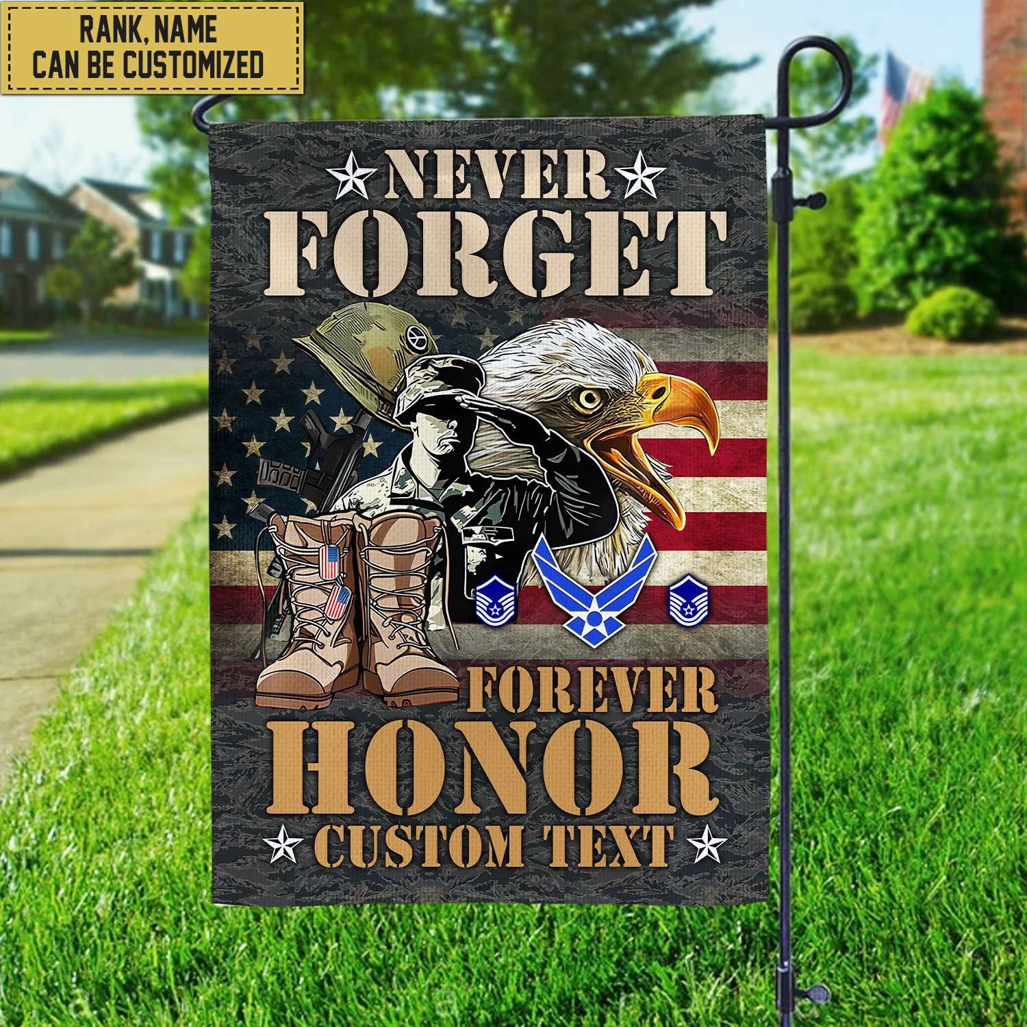 USAF - Air Force Veteran Custom Name, Rank, American Flag, Veterans Day Gift, American Flag Gift For Him Military Gift Patriotic, Garden Flag - House Flag
