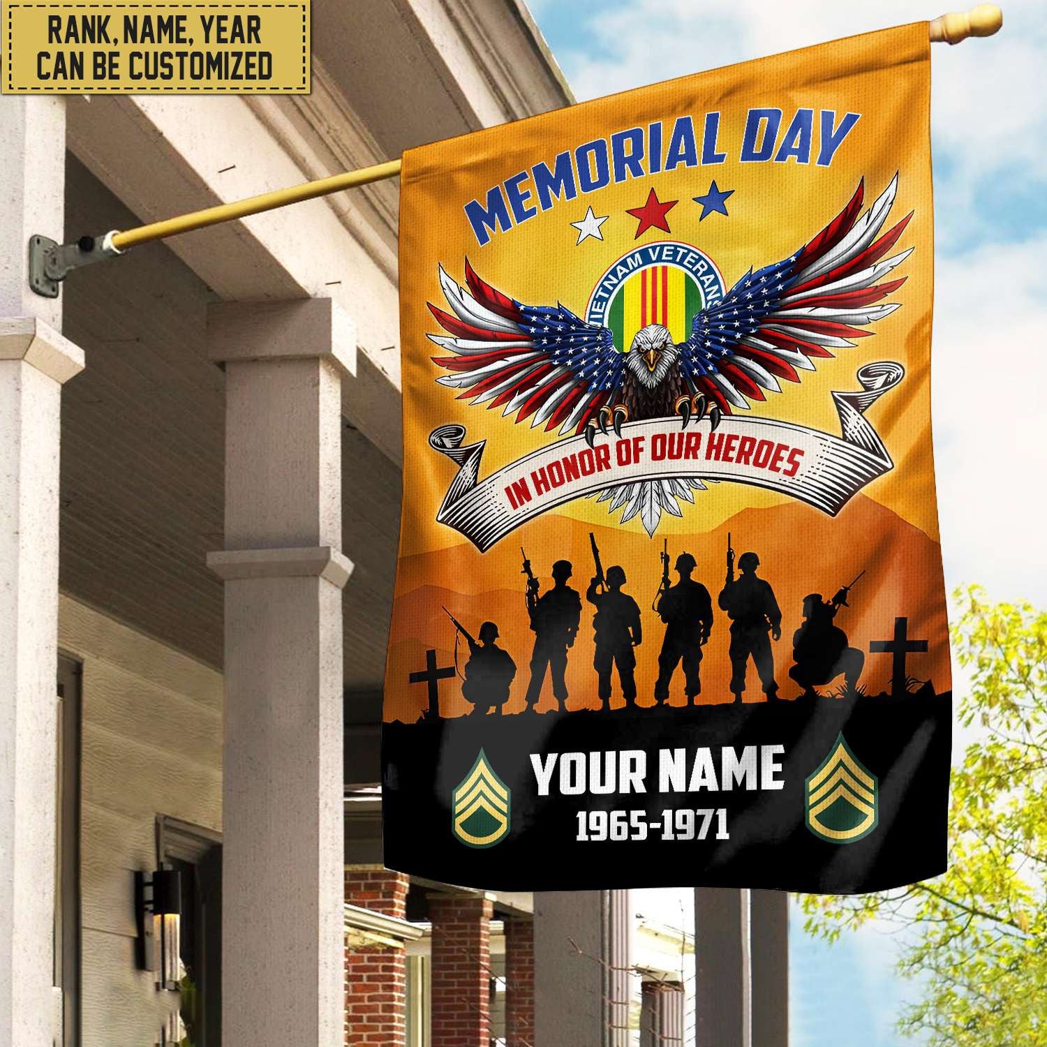 Premium Custom Name, Rank, Year American Flag, Veterans Day Gift, American Flag Gift For Him Military, Gift For Vietnam Veteran, Garden Flag - House Flag