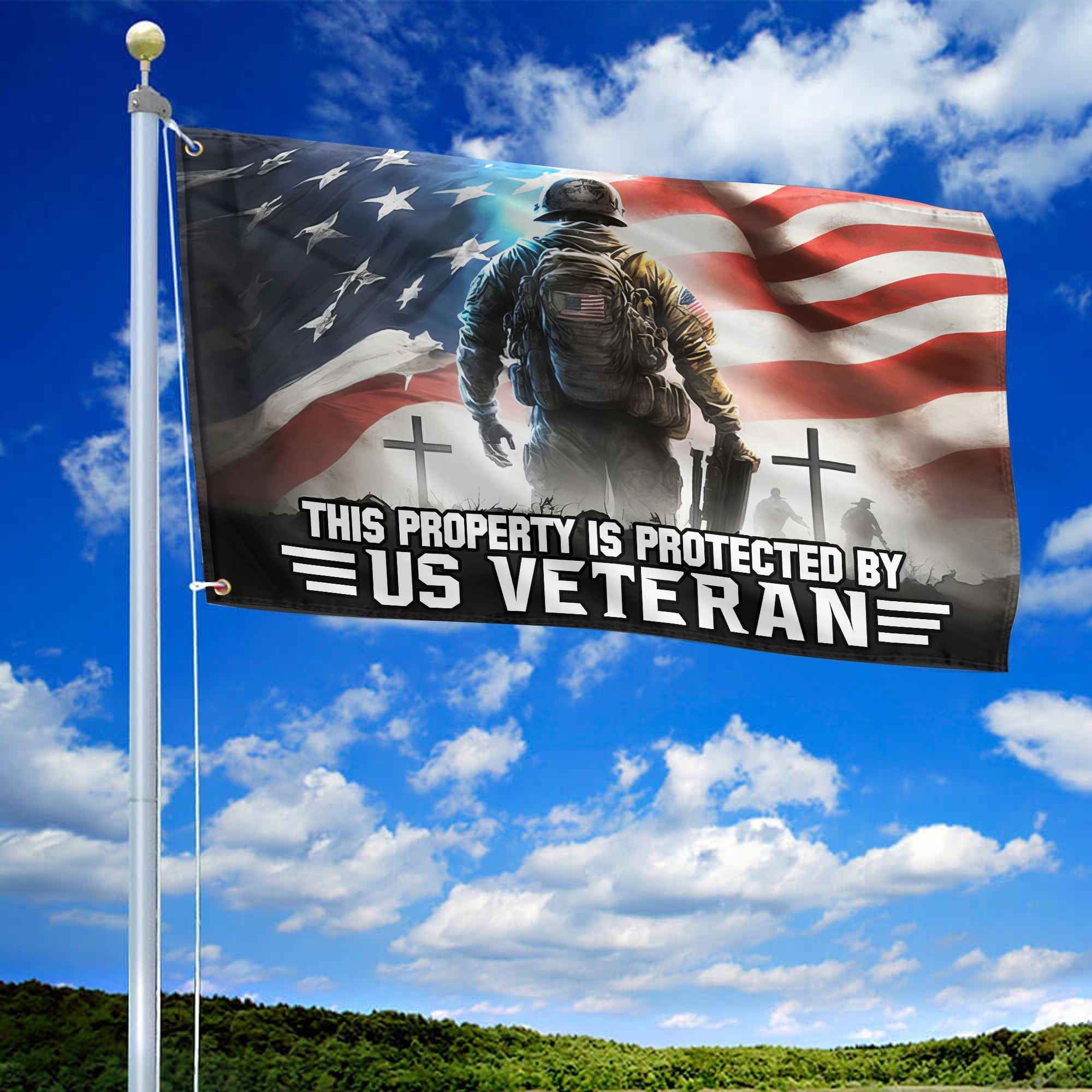 This Property Is Protected By US Veteran American Flag, Gift For US Veterans, Grommet Flag