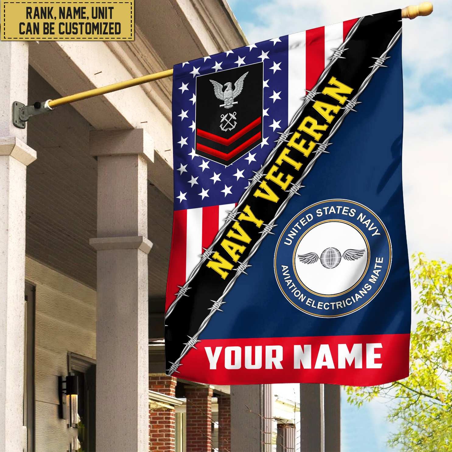 Premium Custom Name, Rank, Unit US Navy American Flag, Gift For Navy Veteran Garden Flag - House Flag