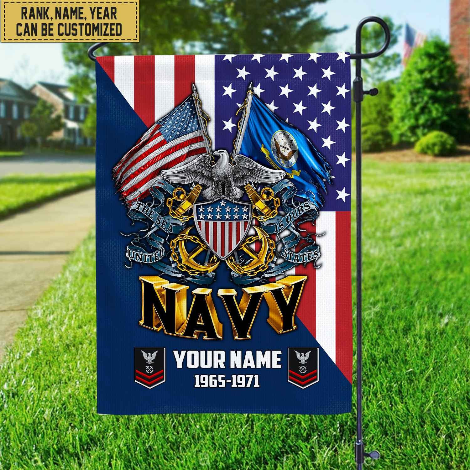 Premium Custom Name, Rank US Navy Veteran Flag, Gift For Navy Veteran Garden Flag - House Flag