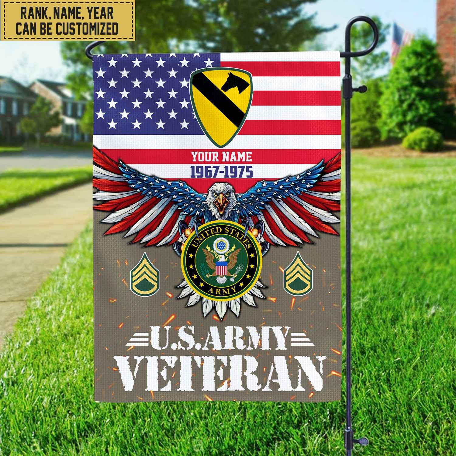 US Army Veteran Flag, Custom Name, Rank, Unit Gift For Army Veteran Garden Flag - House Flag