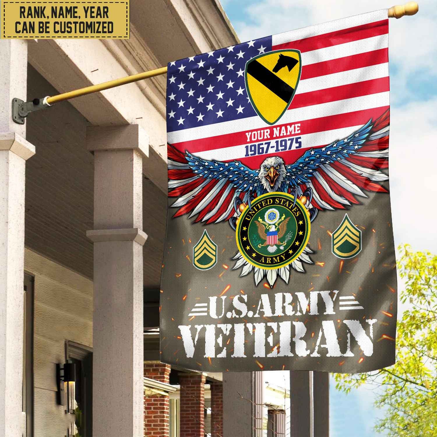 US Army Veteran Flag, Custom Name, Rank, Unit Gift For Army Veteran Garden Flag - House Flag