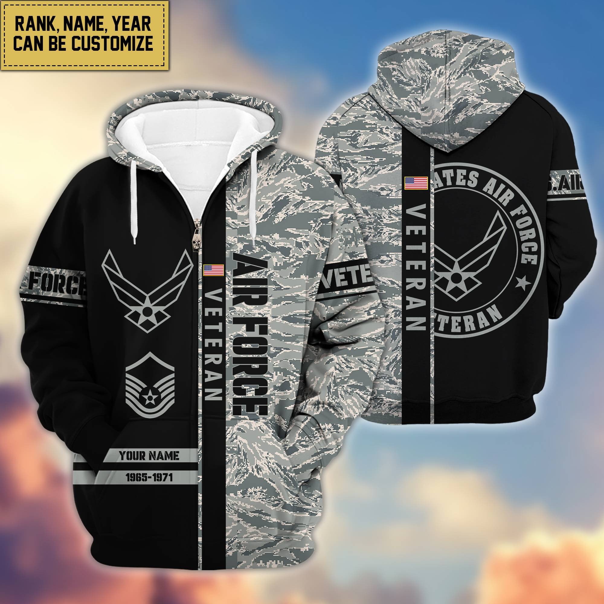 Premium Personalized Camo Soldiers US Veterans Zip Hoodie