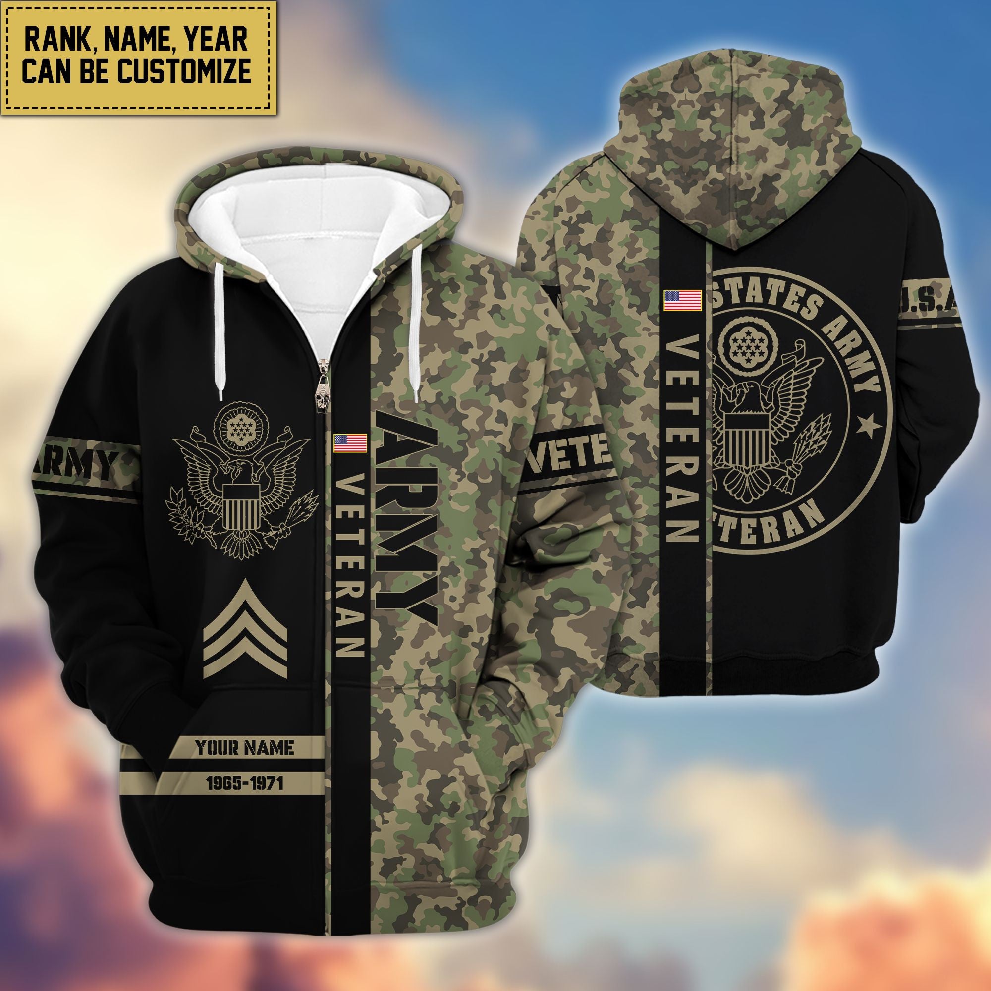 Premium Personalized Camo Soldiers US Veterans Zip Hoodie