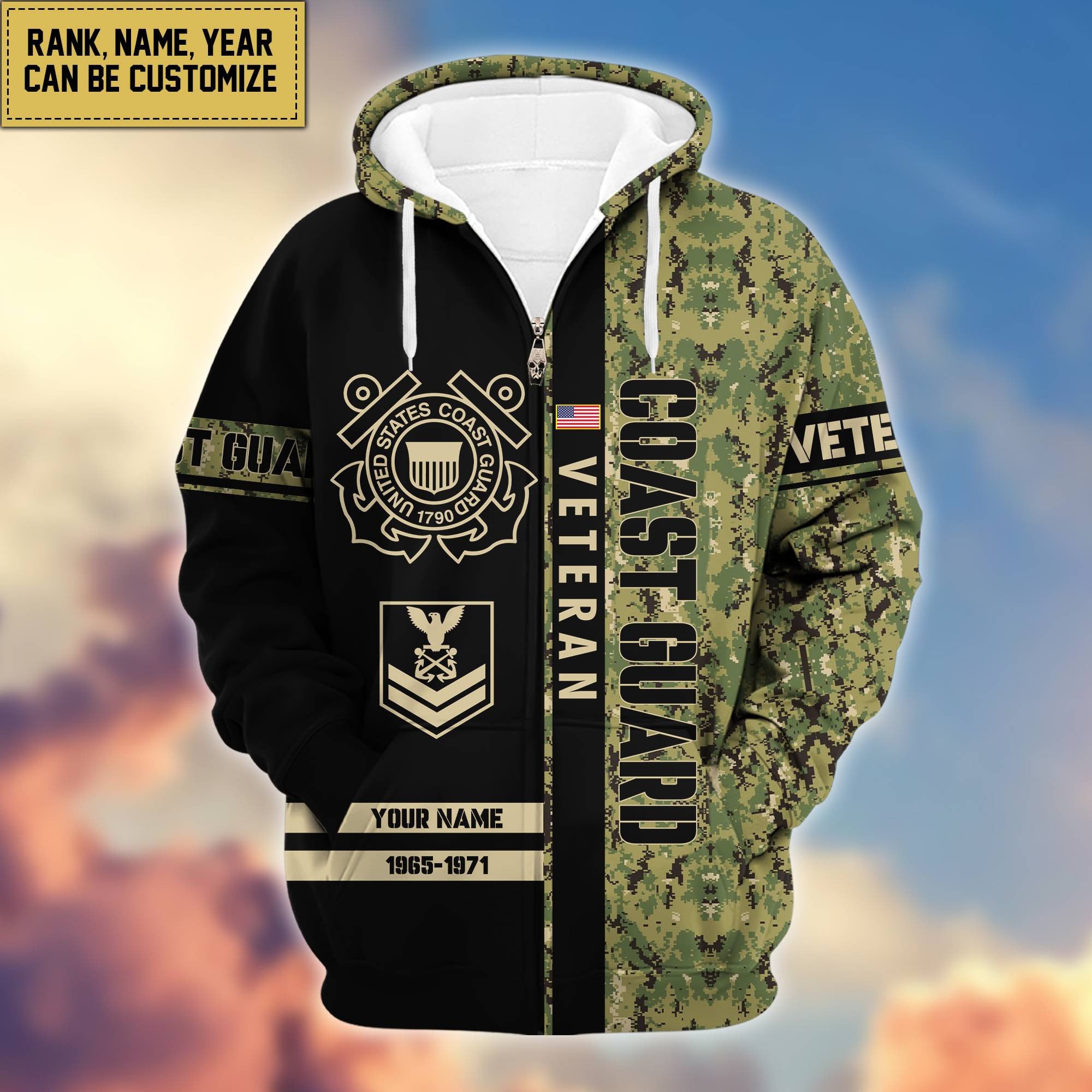 Premium Personalized Camo Soldiers US Veterans Zip Hoodie