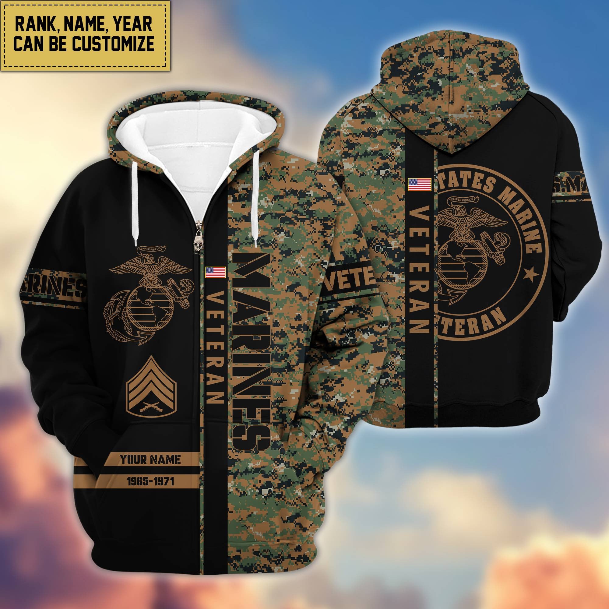 Premium Personalized Camo Soldiers US Veterans Zip Hoodie