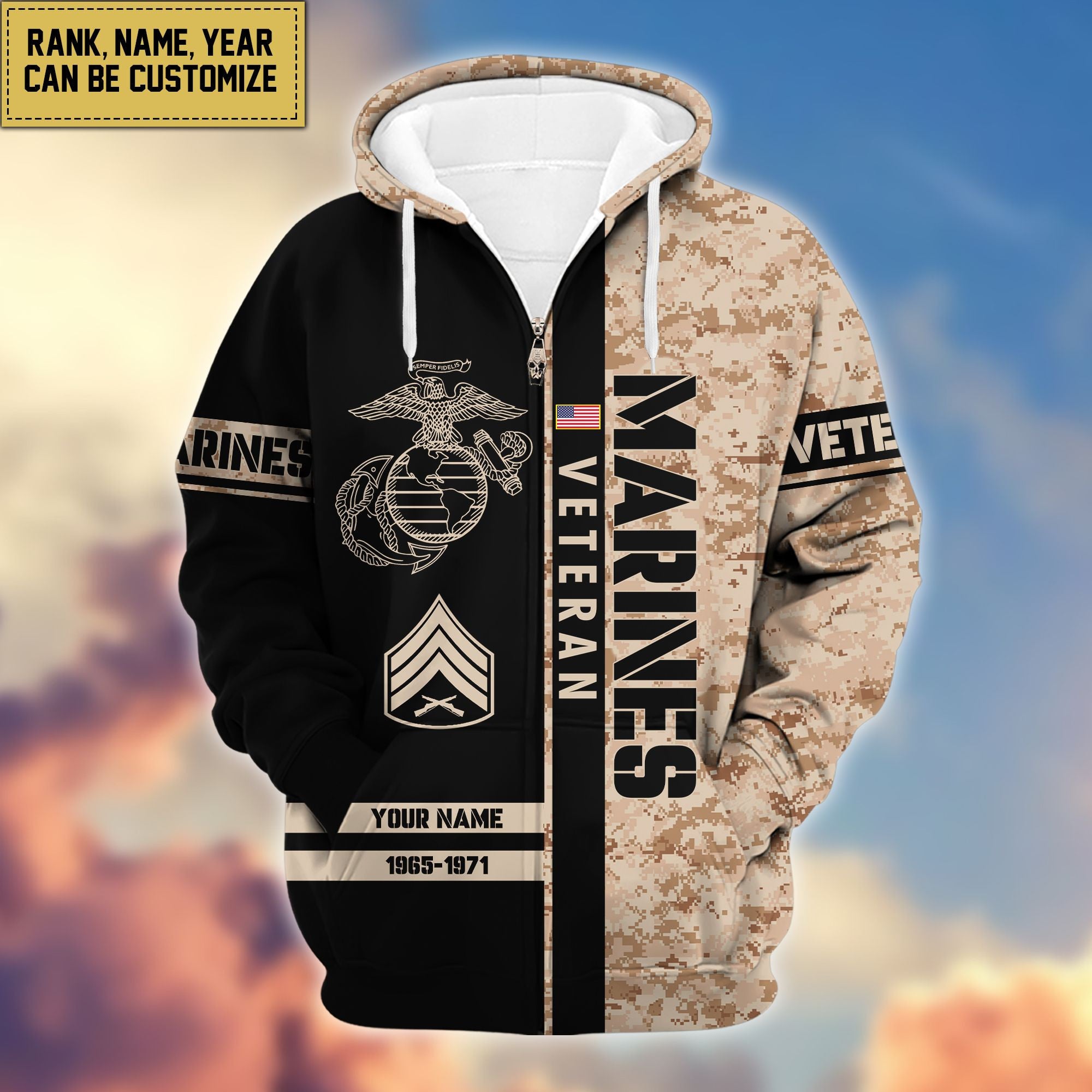 Premium Personalized Camo Soldiers US Veterans Zip Hoodie