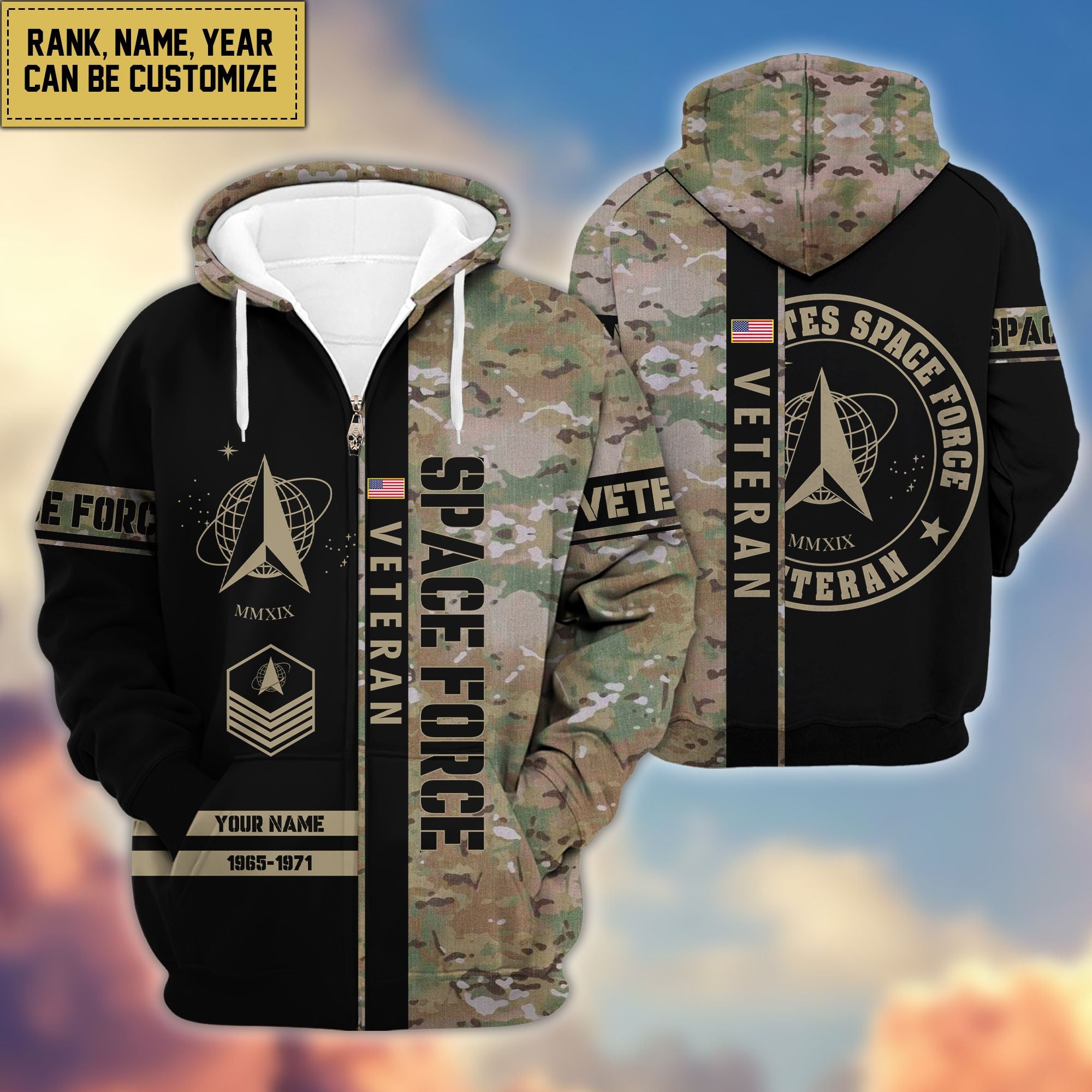 Premium Personalized Camo Soldiers US Veterans Zip Hoodie