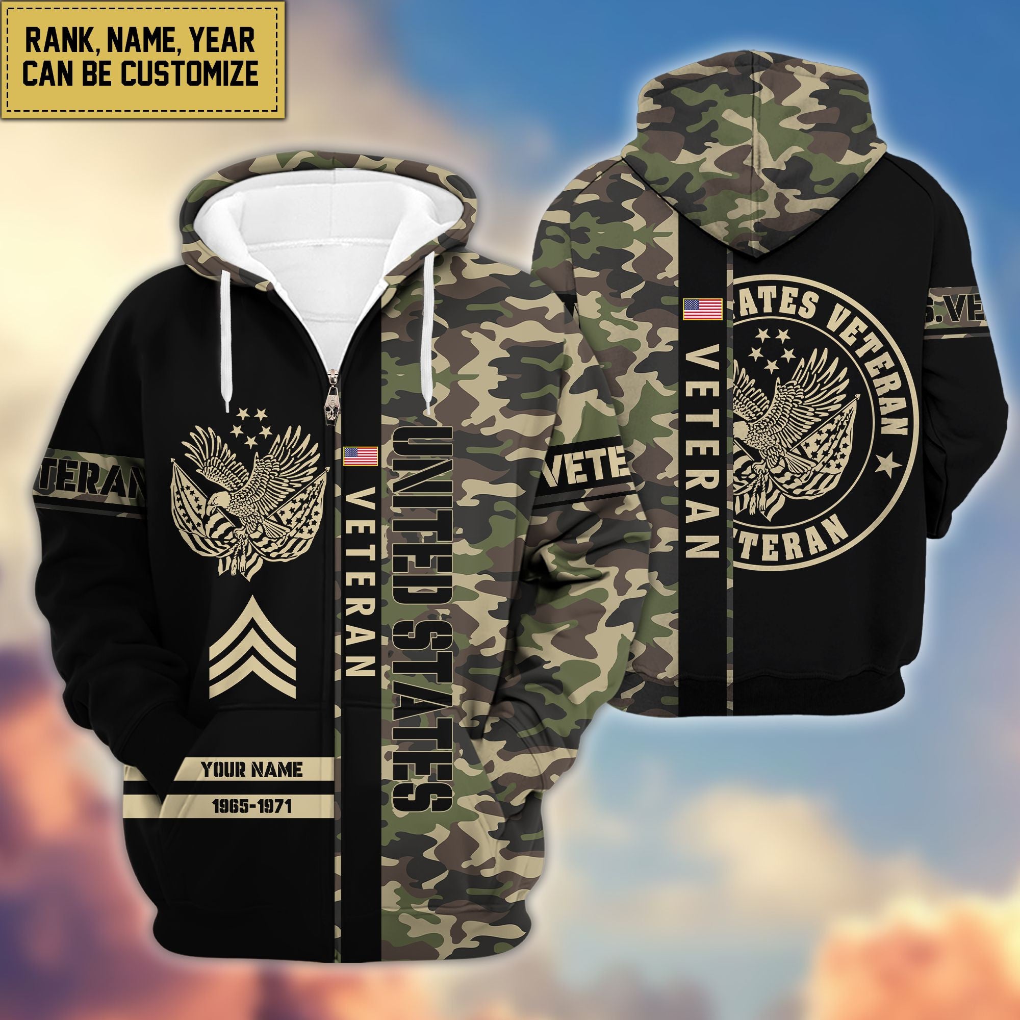 Premium Personalized Camo Soldiers US Veterans Zip Hoodie