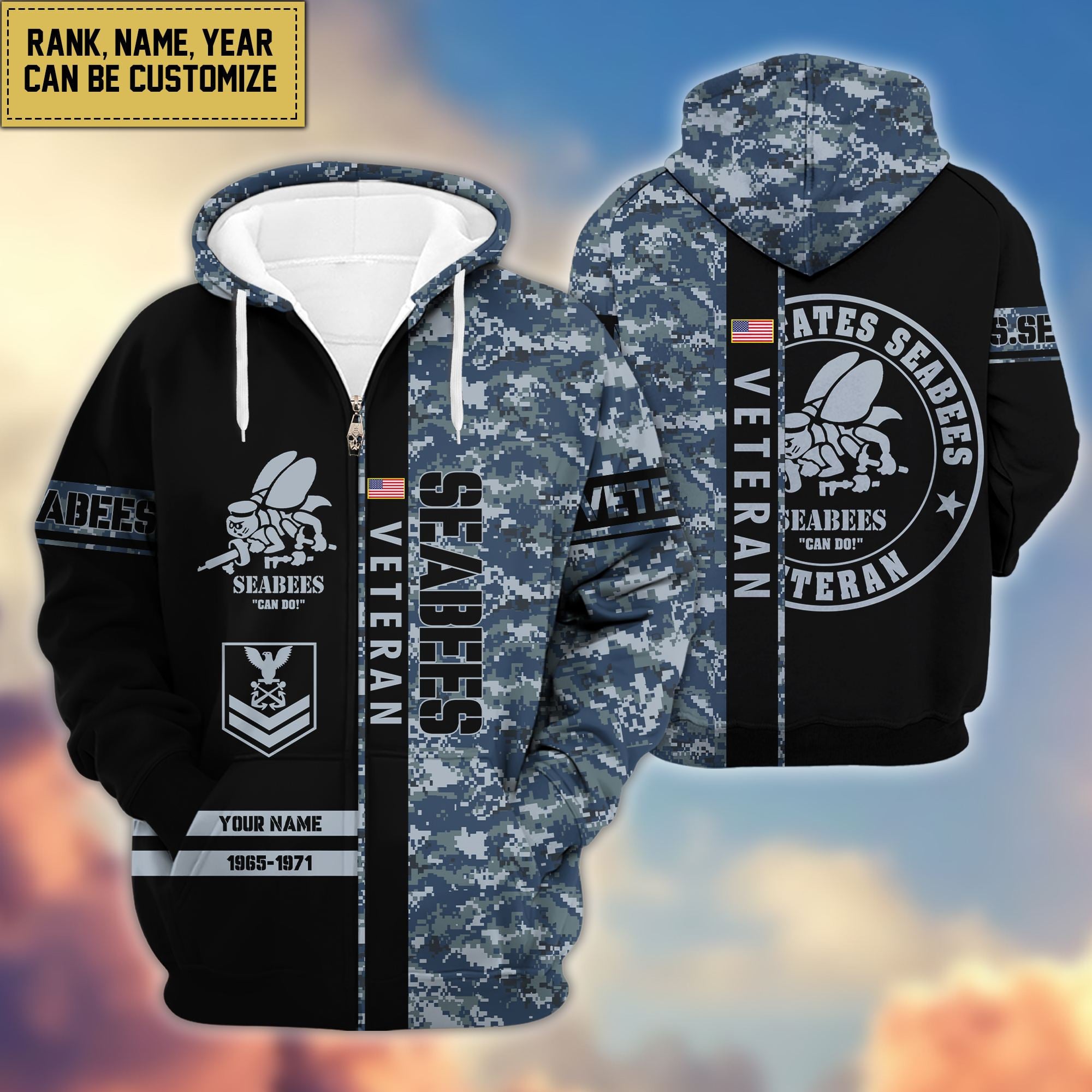 Premium Personalized Camo Soldiers US Veterans Zip Hoodie