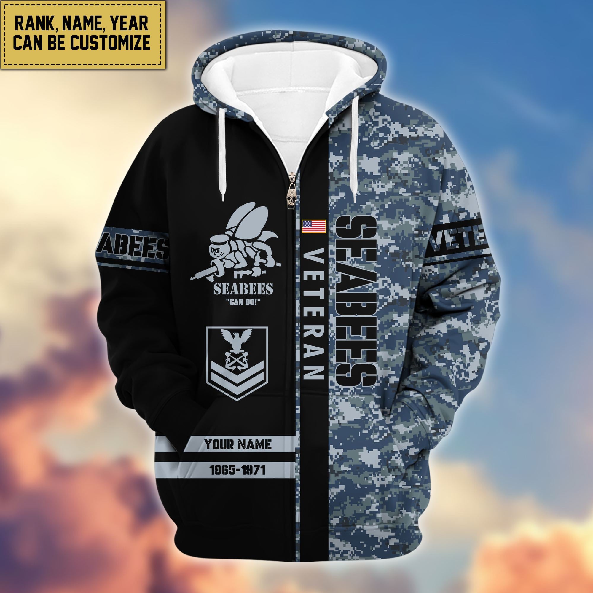Premium Personalized Camo Soldiers US Veterans Zip Hoodie
