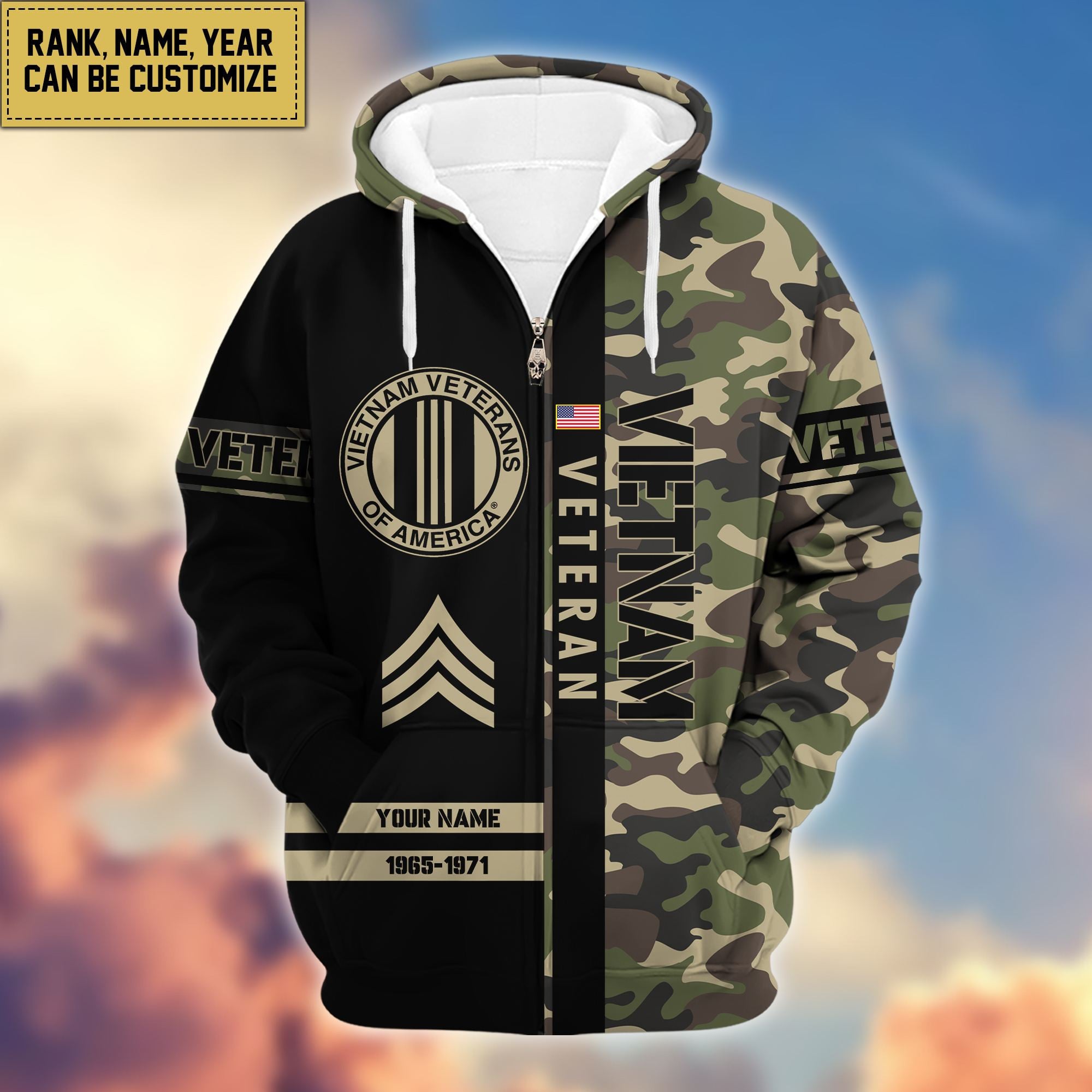 Premium Personalized Camo Soldiers US Veterans Zip Hoodie