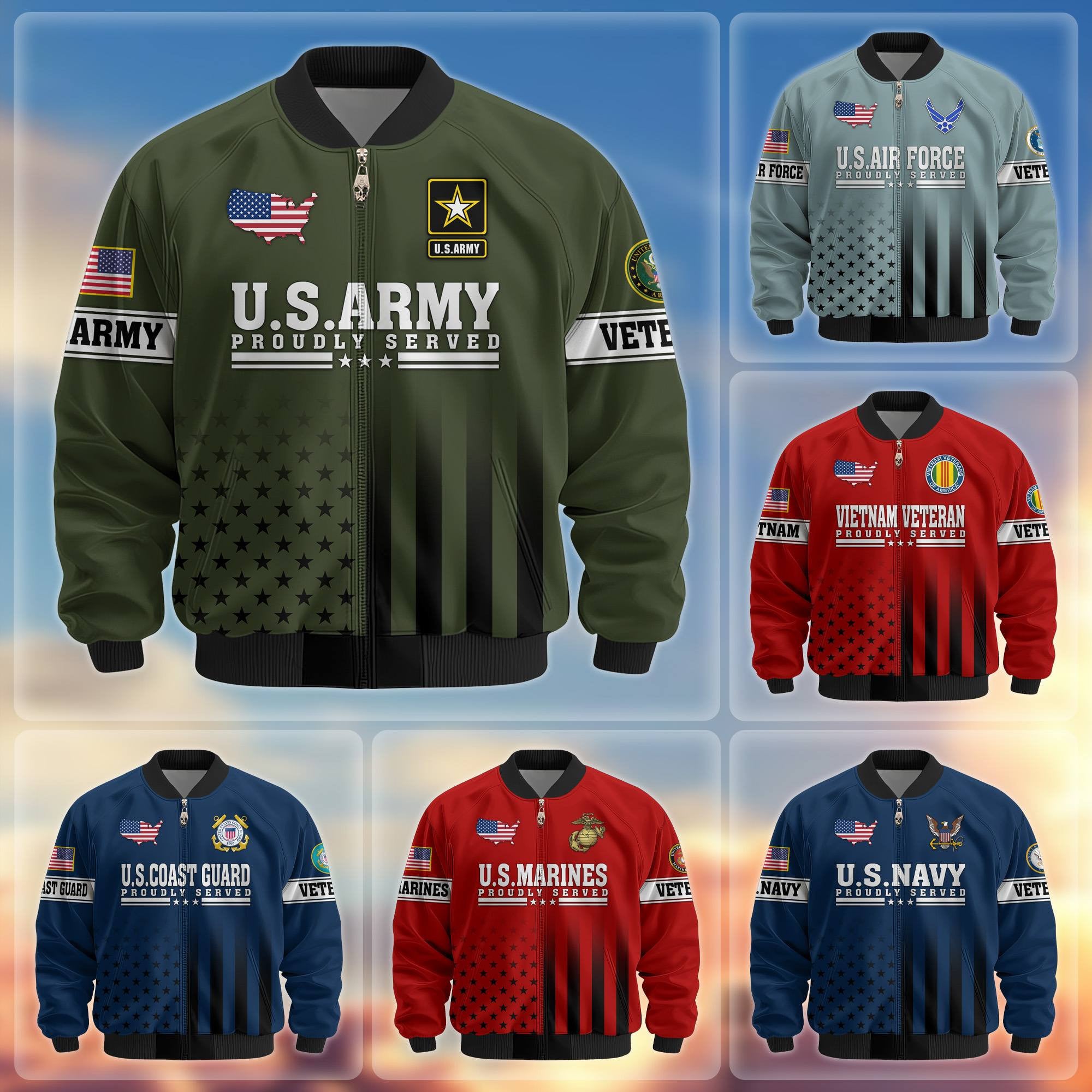 Premium Proudly Served US Veterans Bomber Jacket, Gifts For US Veterans, Gifts For Veterans Day