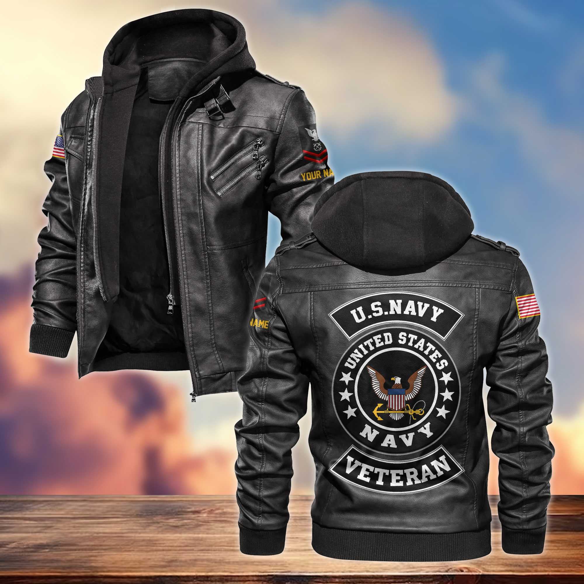 US Navy Leather Jacket, Custom Name, Rank, Gifts For Navy Veteran