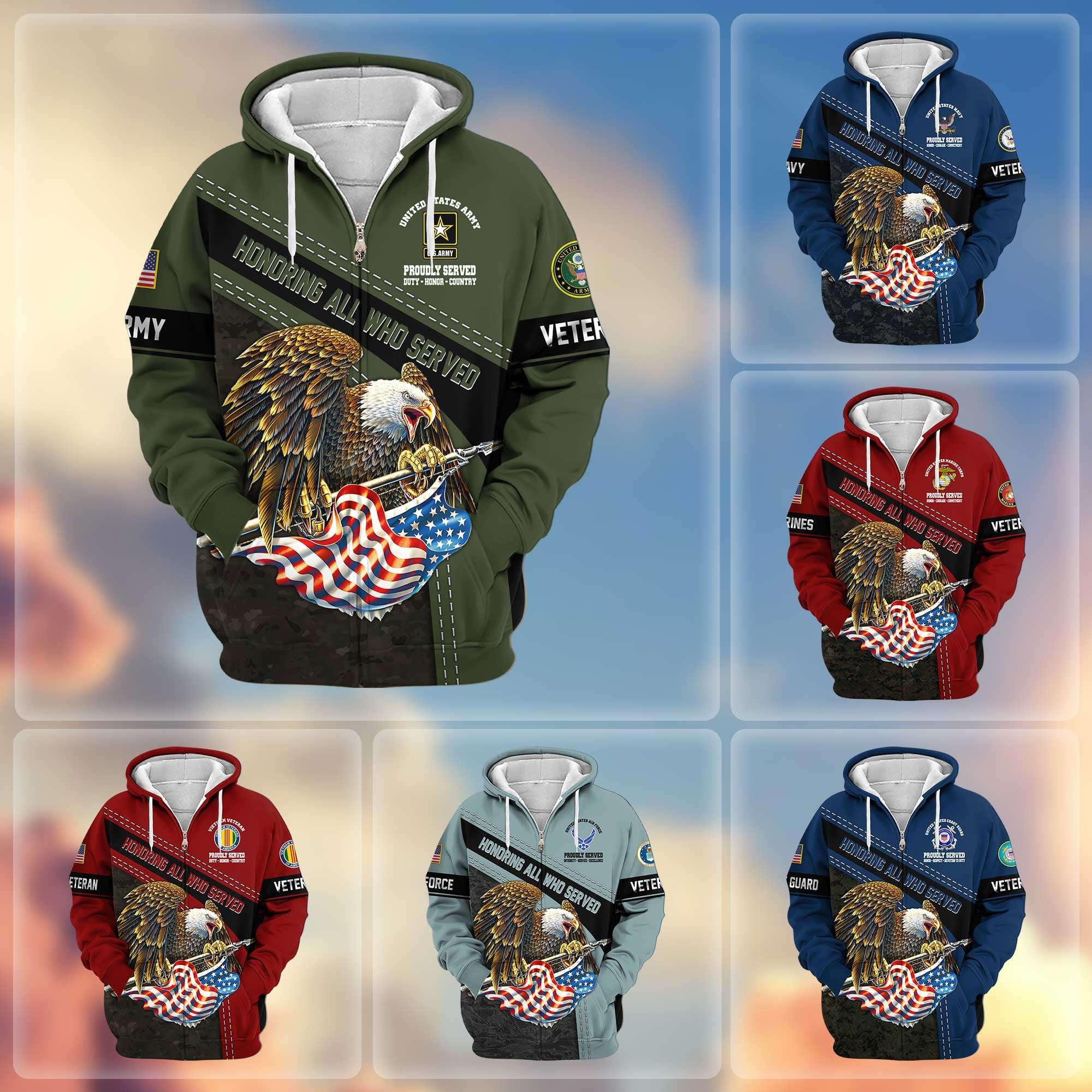 Premium Honoring All Who Served US Veterans Zip Hoodie, Gifts For US Veterans, Gifts For Veterans Day