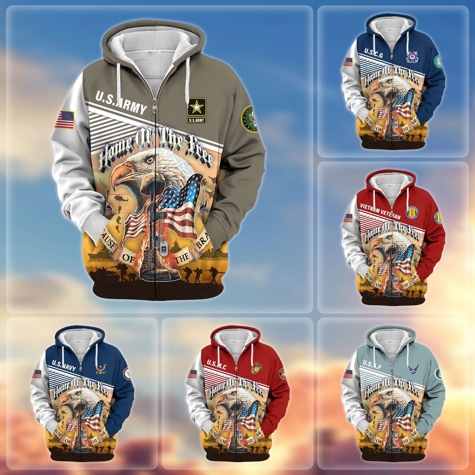 Premium US Veterans Zip Hoodie, Home Of The Free Because Of The Brave, Gifts For US Veterans