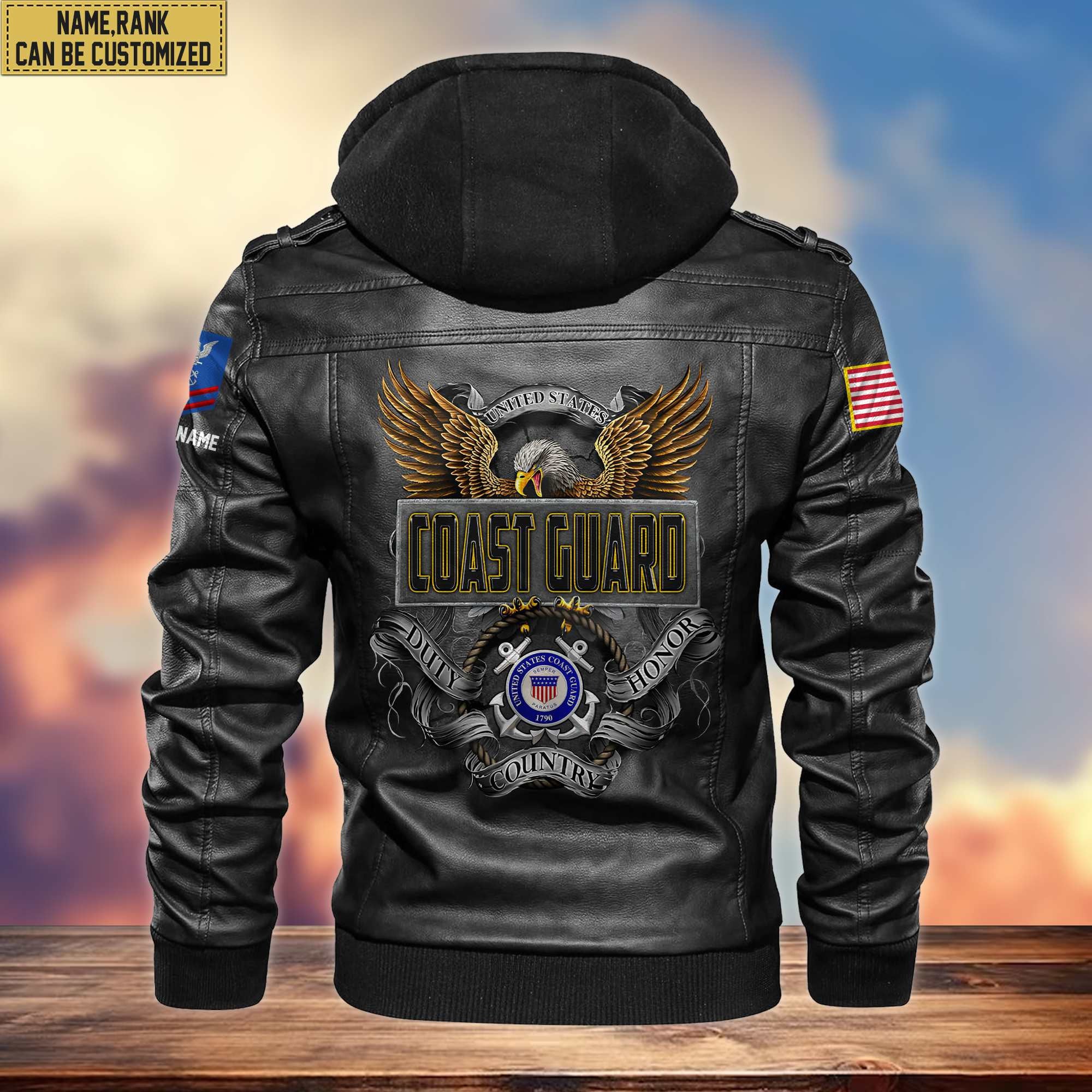 Premium USCG Leather Jacket, Custom Name, Rank, Gifts For Coast Guard Veteran