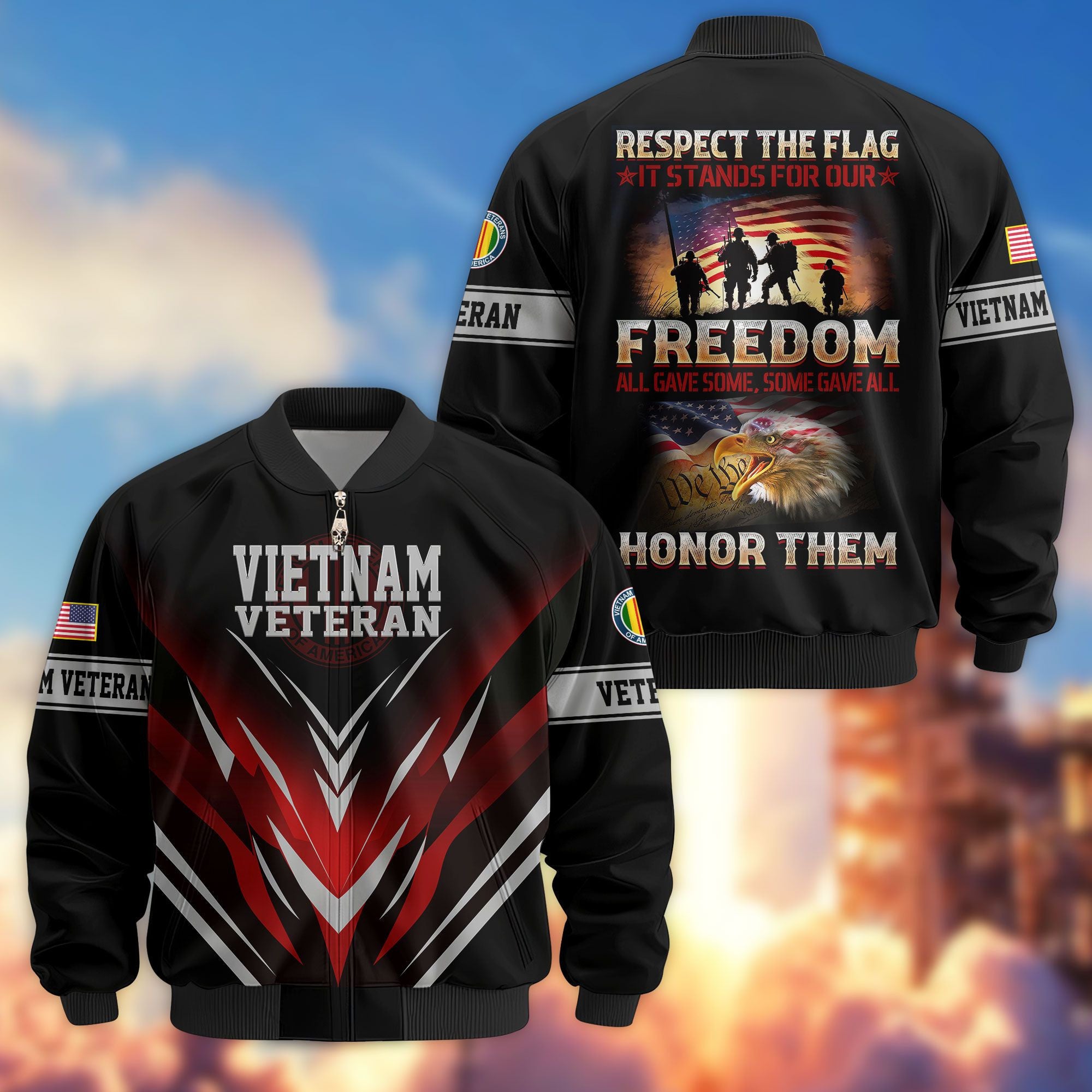 Premium Respect The Flag US Veterans Bomber Jacket, Gifts For US Veterans