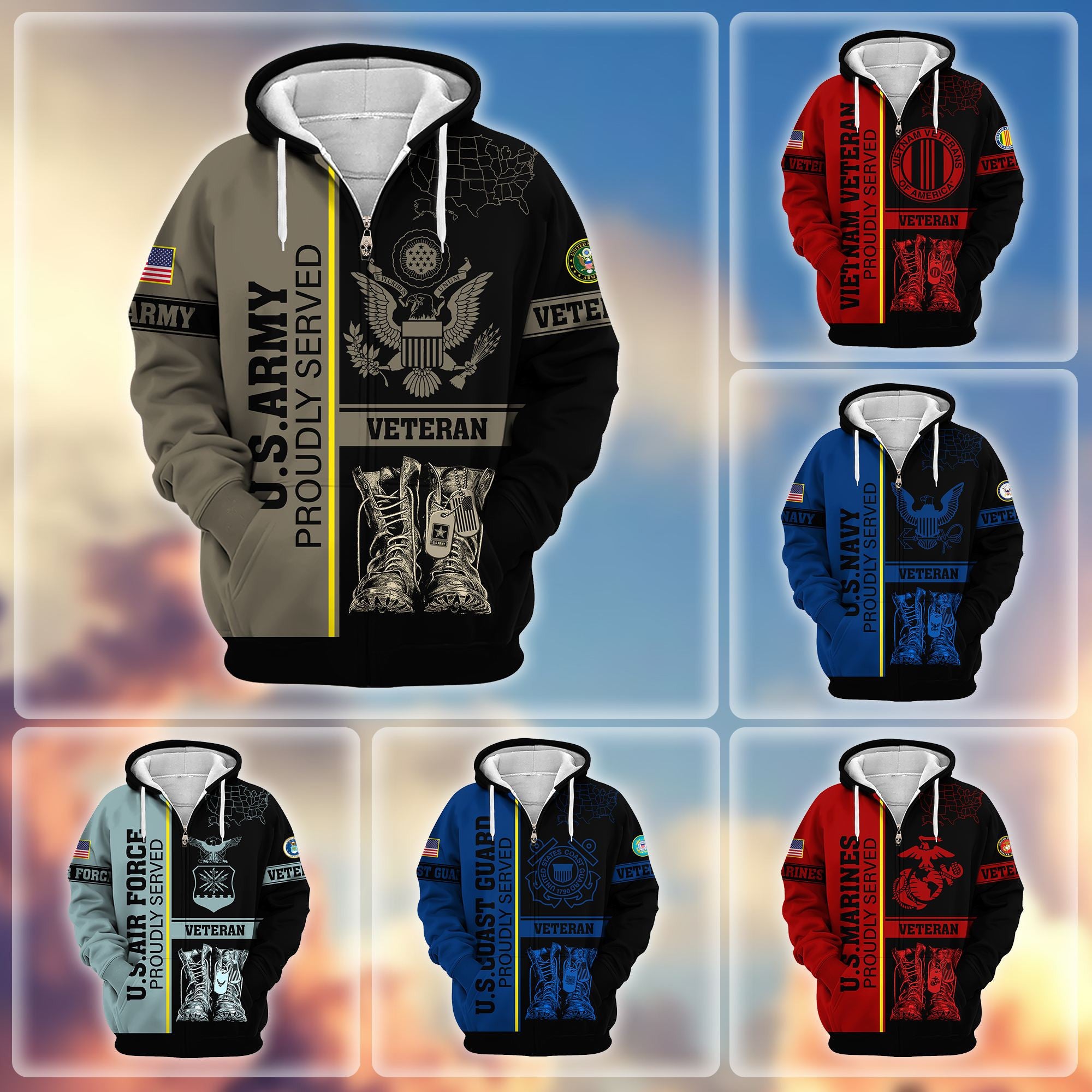 Premium US Veterans Zip Hoodie, Gifts For US Veterans Gifts On Father's Day, Armed Force Day, Independence Day, Veterans Day.