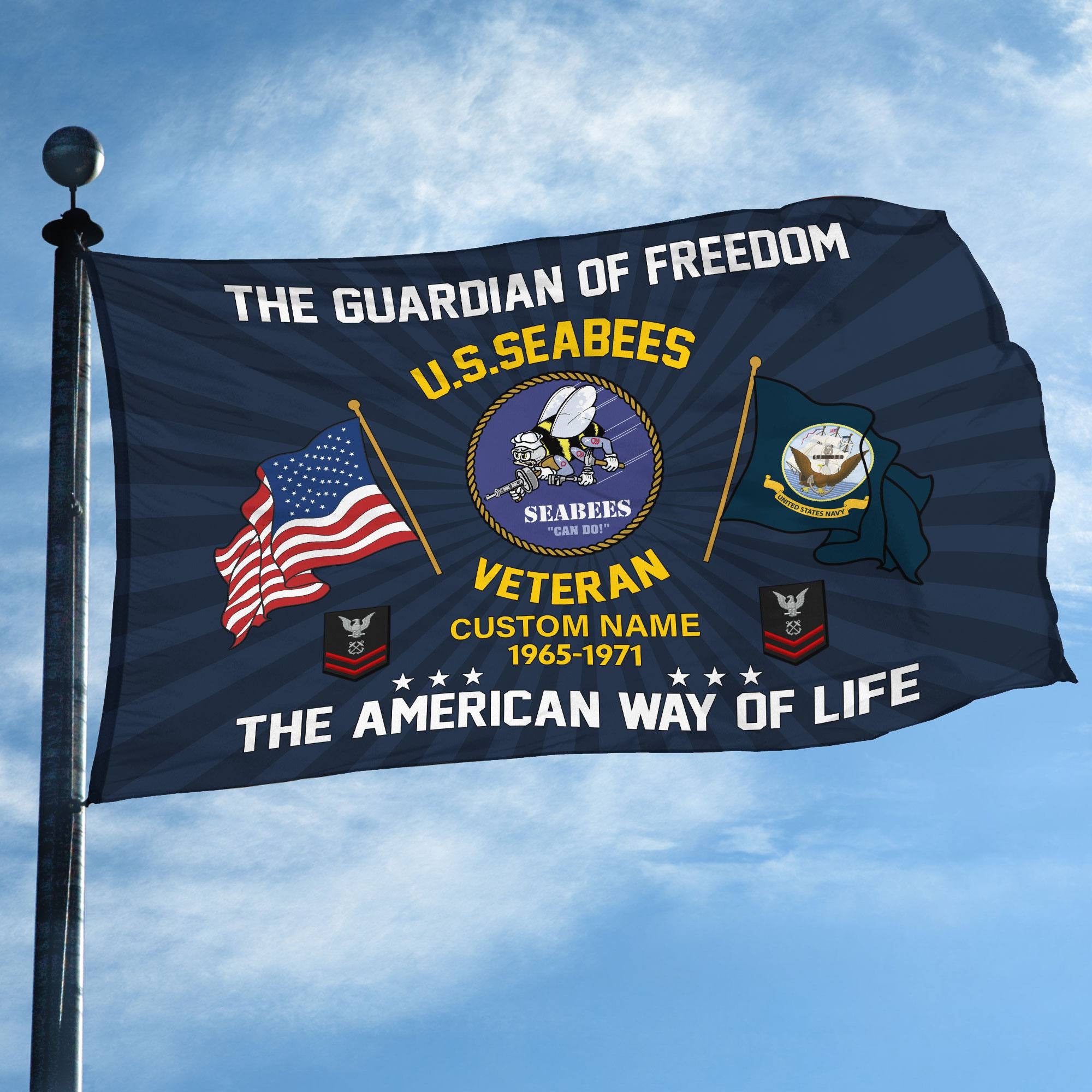 US Seabees Custom Grommet Flag, Gifts For Seabees Veteran, Best Gifts On Father's Day, Armed Forces Day, Independence Day, Veterans Day.