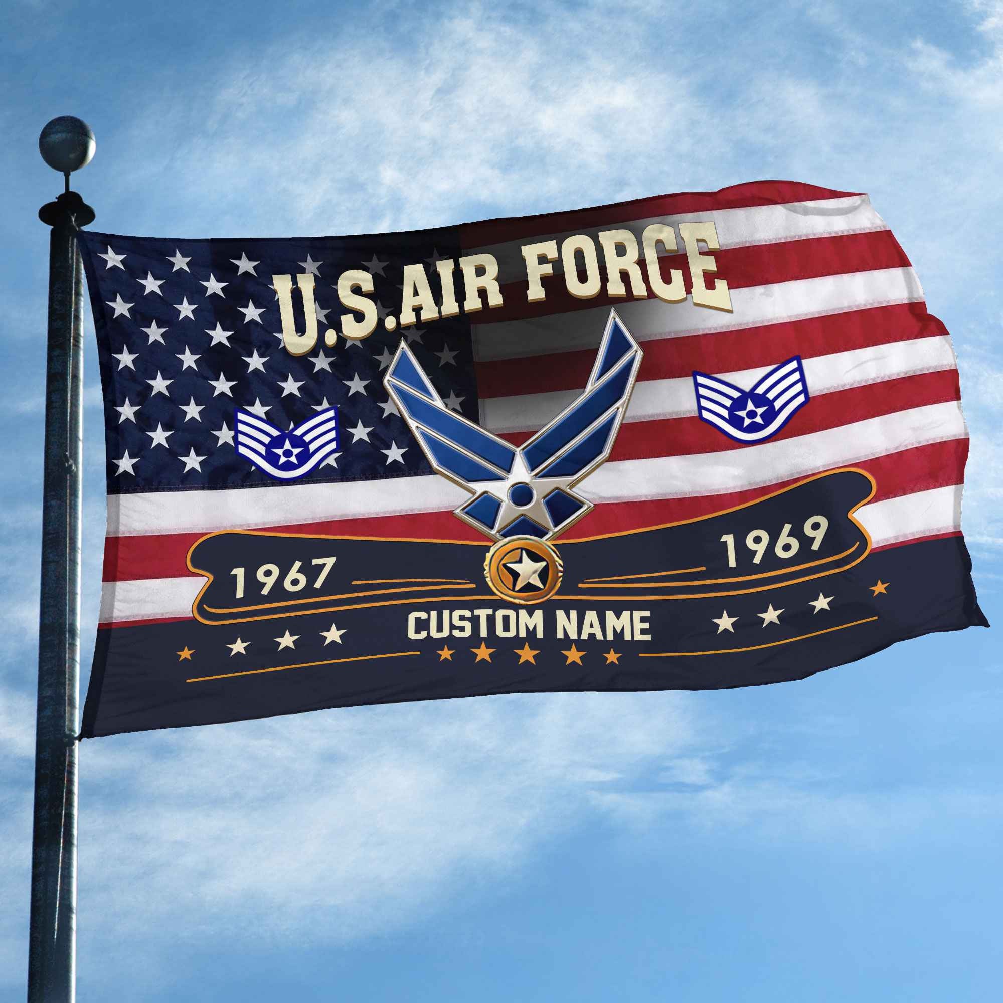 Premium USAF Grommet Flag, Custom Name, Rank, Year, Gifts For Air Force Veteran, Best Gifts On Father's Day, Armed Forces Day, Independence Day, Veterans Day.