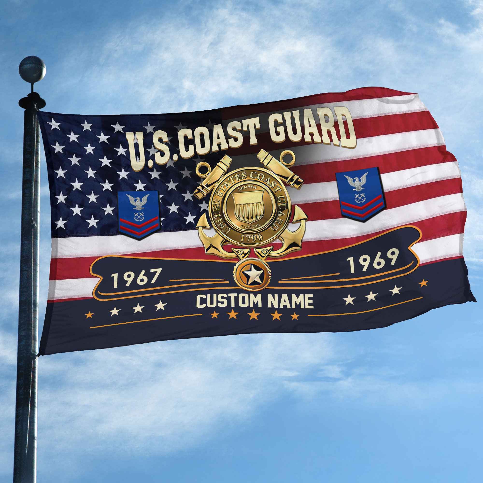 Premium USCG Grommet Flag, Custom Name, Rank, Year, Gifts For Coast Guard Veteran, Best Gifts On Father's Day, Armed Forces Day, Independence Day, Veterans Day.