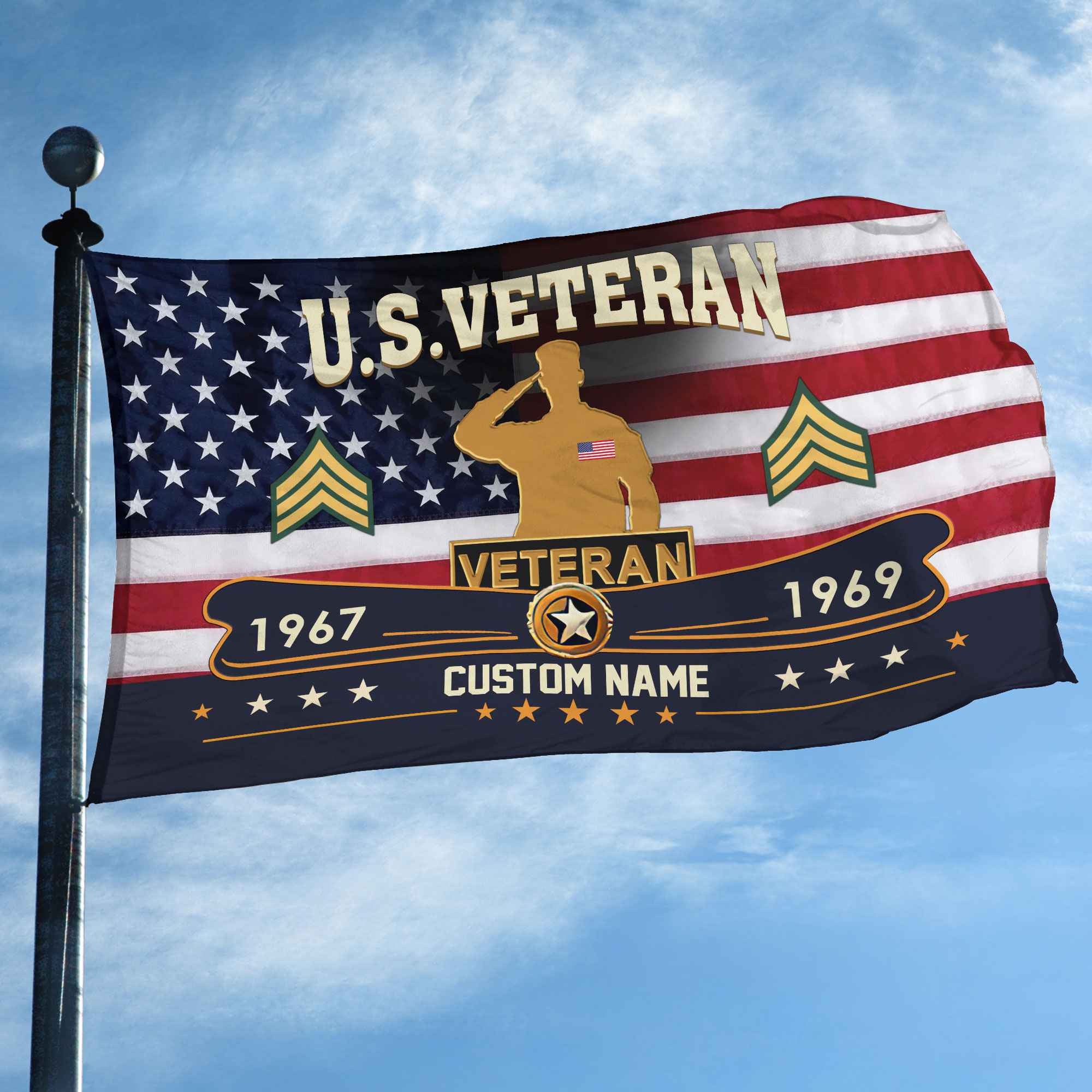 Premium US Veteran Grommet Flag, Custom Name, Rank, Year, Gifts For US Veteran, Best Gifts On Father's Day, Armed Forces Day, Independence Day, Veterans Day.