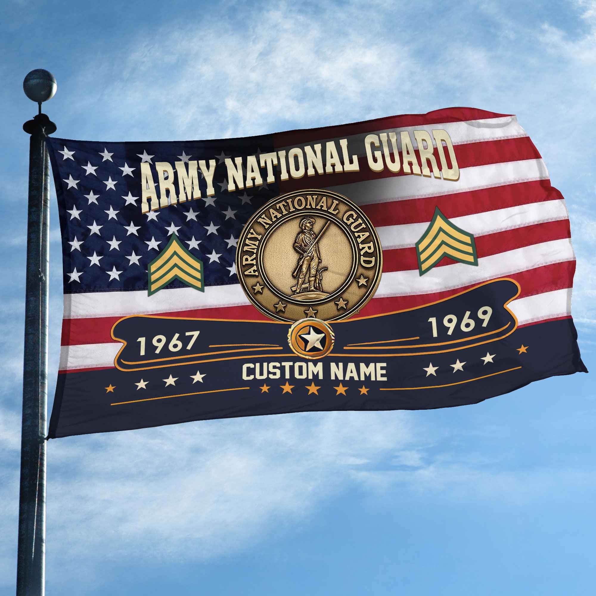 Premium US Army National Guard Grommet Flag, Custom Name, Rank, Year, Gifts For Army National Guard Veteran, Best Gifts On Father's Day, Armed Forces Day, Independence Day, Veterans Day.