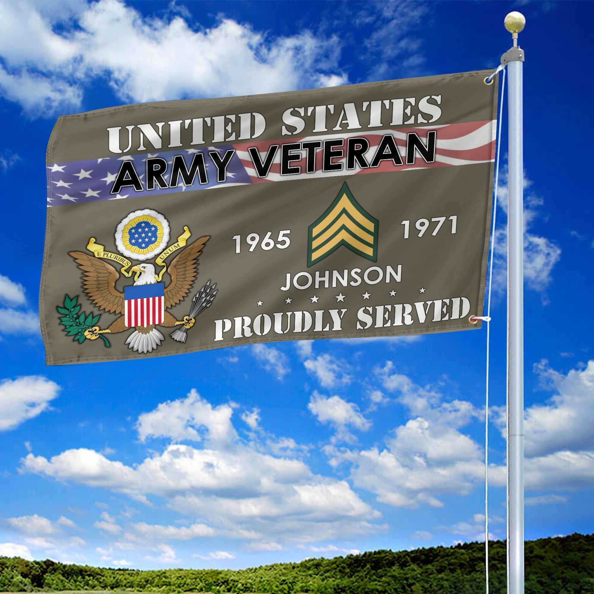 Premium US Army Grommet Flag, Custom Name, Rank, Year, Gifts For Army Veteran, Best Gifts On Father's Day, Armed Forces Day, Independence Day, Veterans Day.