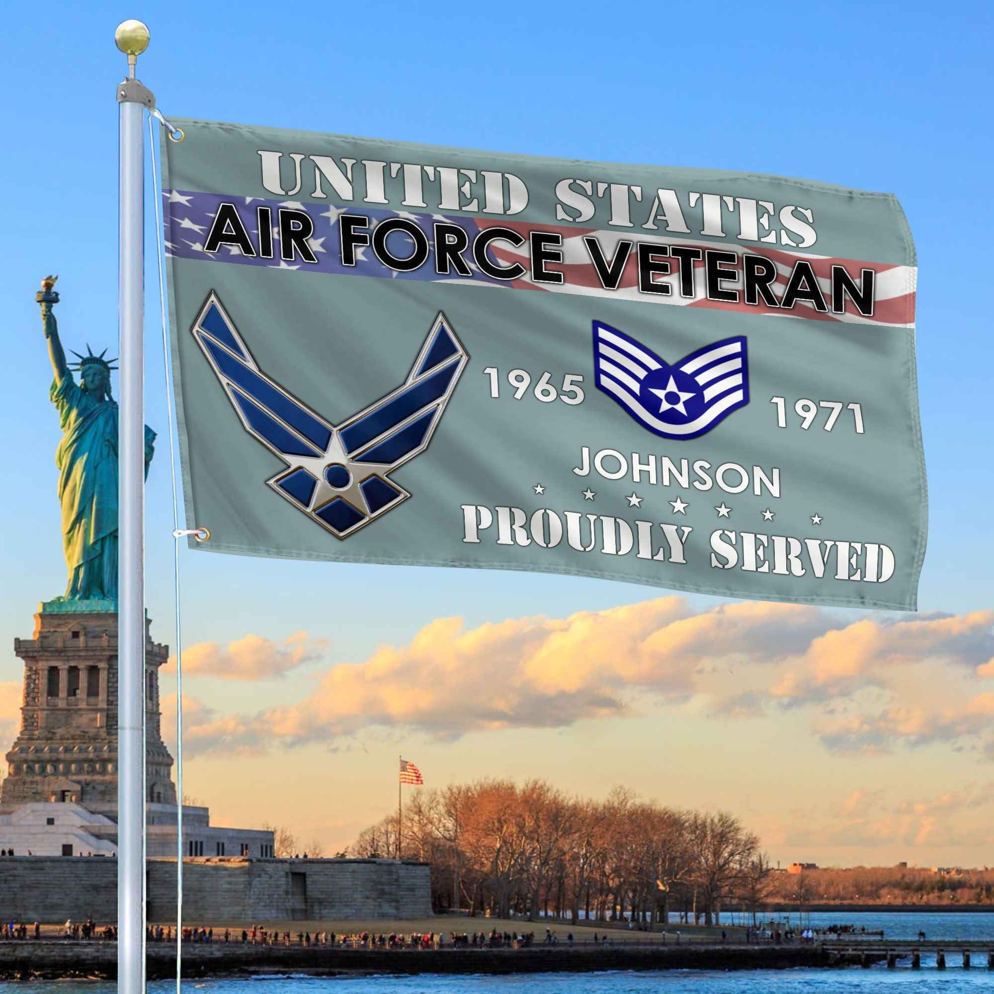Premium USAF Grommet Flag, Custom Name, Rank, Year, Gifts For Air Force Veteran, Best Gifts On Father's Day, Armed Forces Day, Independence Day, Veterans Day.