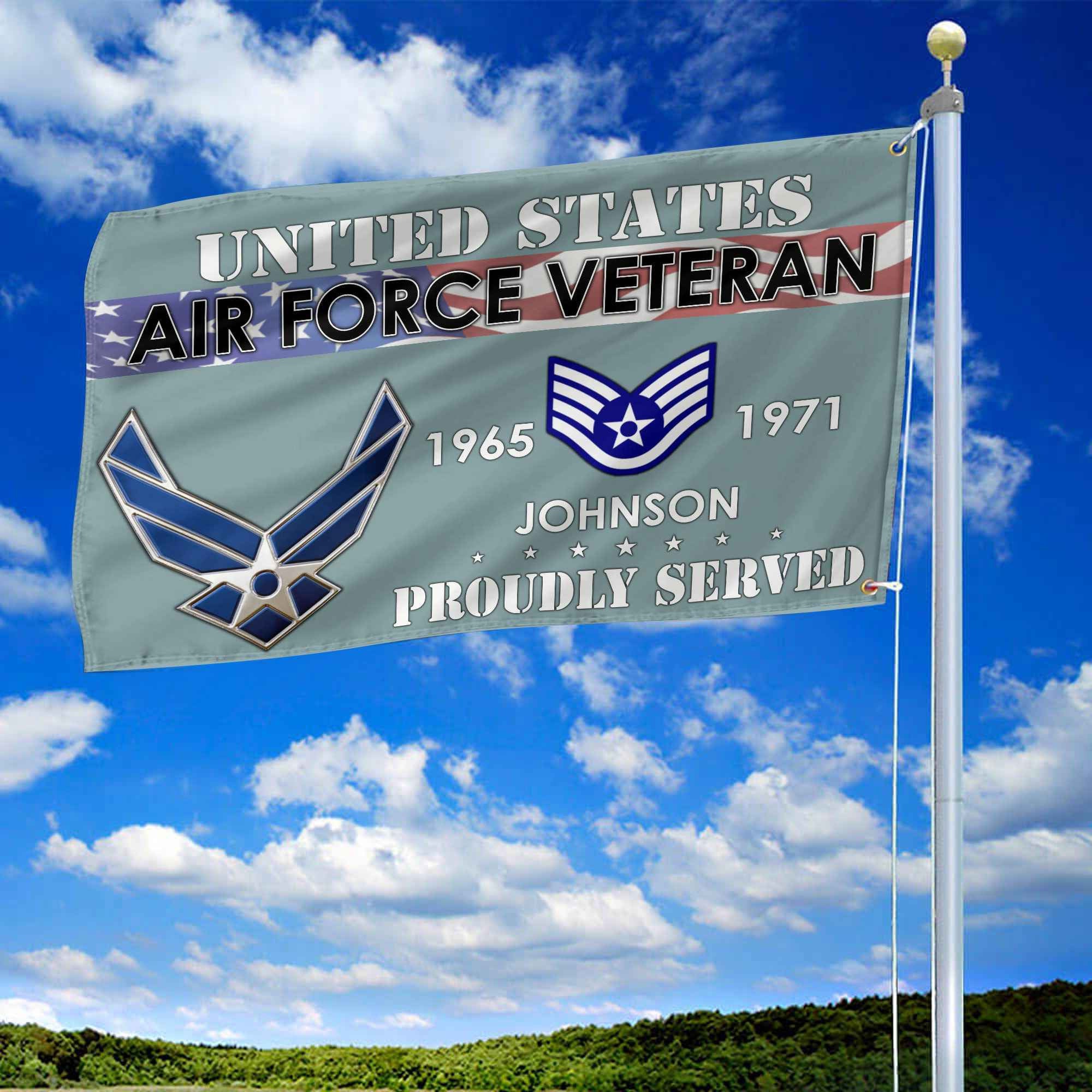 Premium USAF Grommet Flag, Custom Name, Rank, Year, Gifts For Air Force Veteran, Best Gifts On Father's Day, Armed Forces Day, Independence Day, Veterans Day.